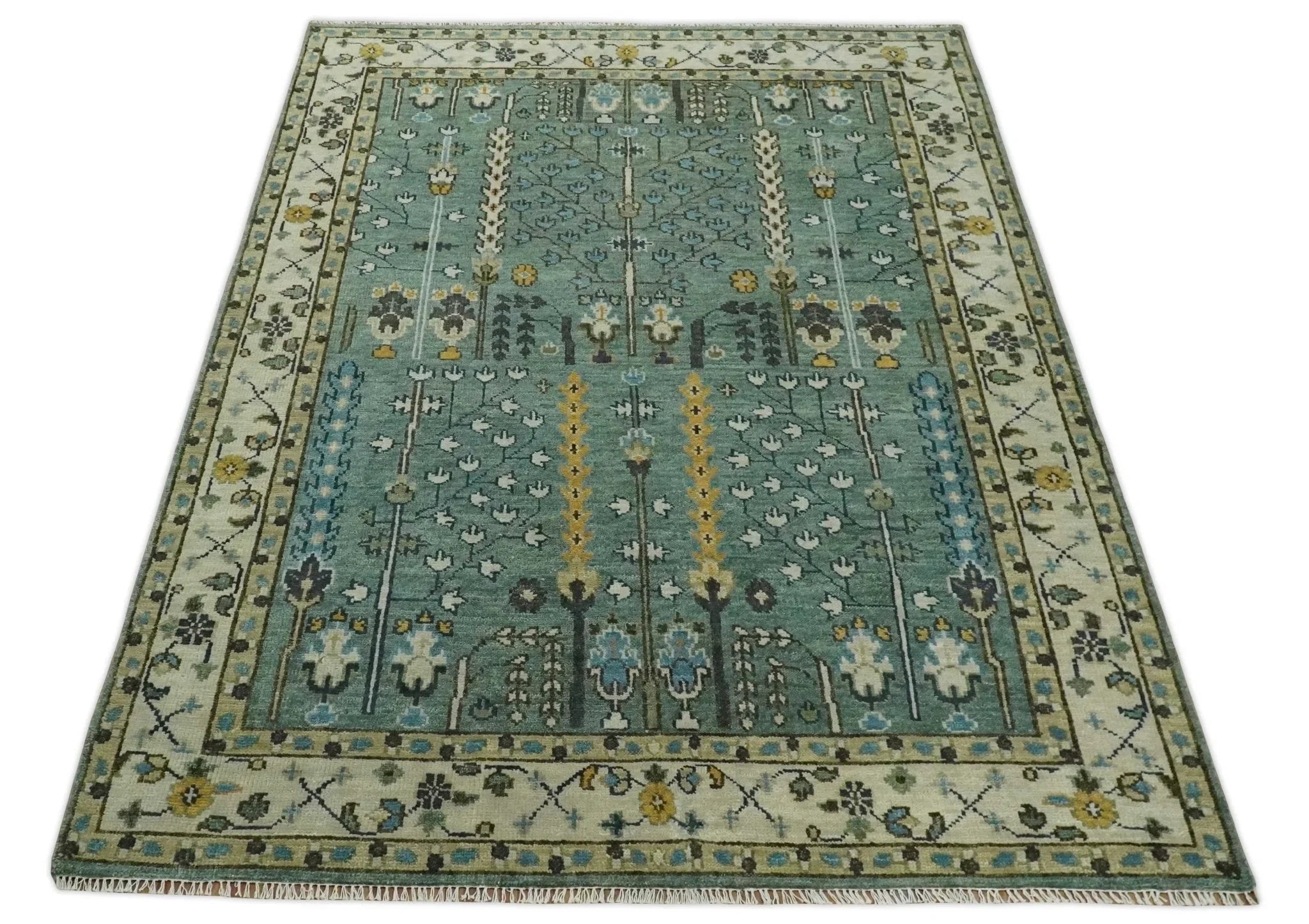 Aqua 8x10 Hand Knotted Blue and Ivory Traditional Persian Vintage Heriz Serapi Wool Rug | TRDCP599810 - The Rug Decor