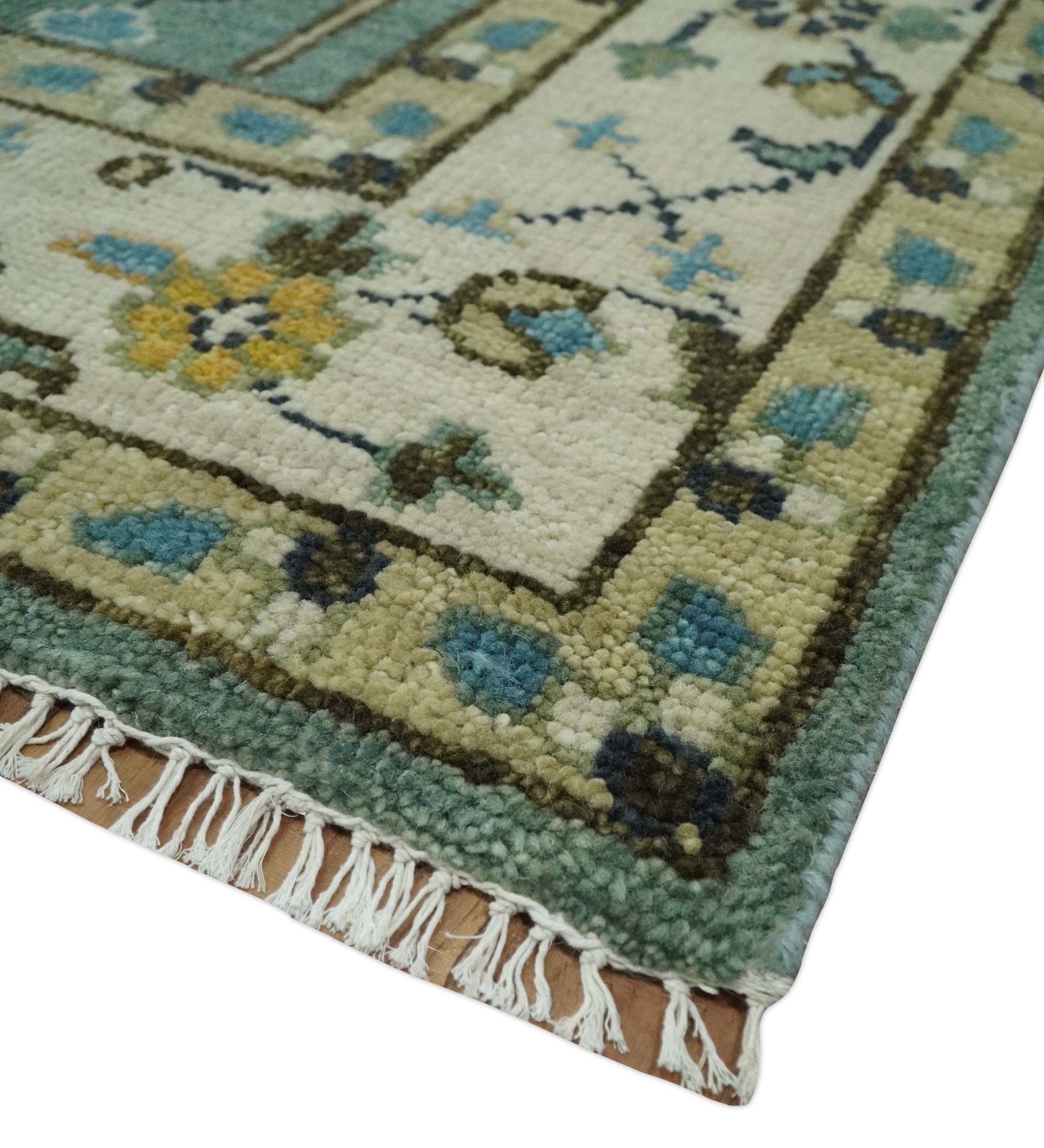 Aqua 8x10 Hand Knotted Blue and Ivory Traditional Persian Vintage Heriz Serapi Wool Rug | TRDCP599810 - The Rug Decor