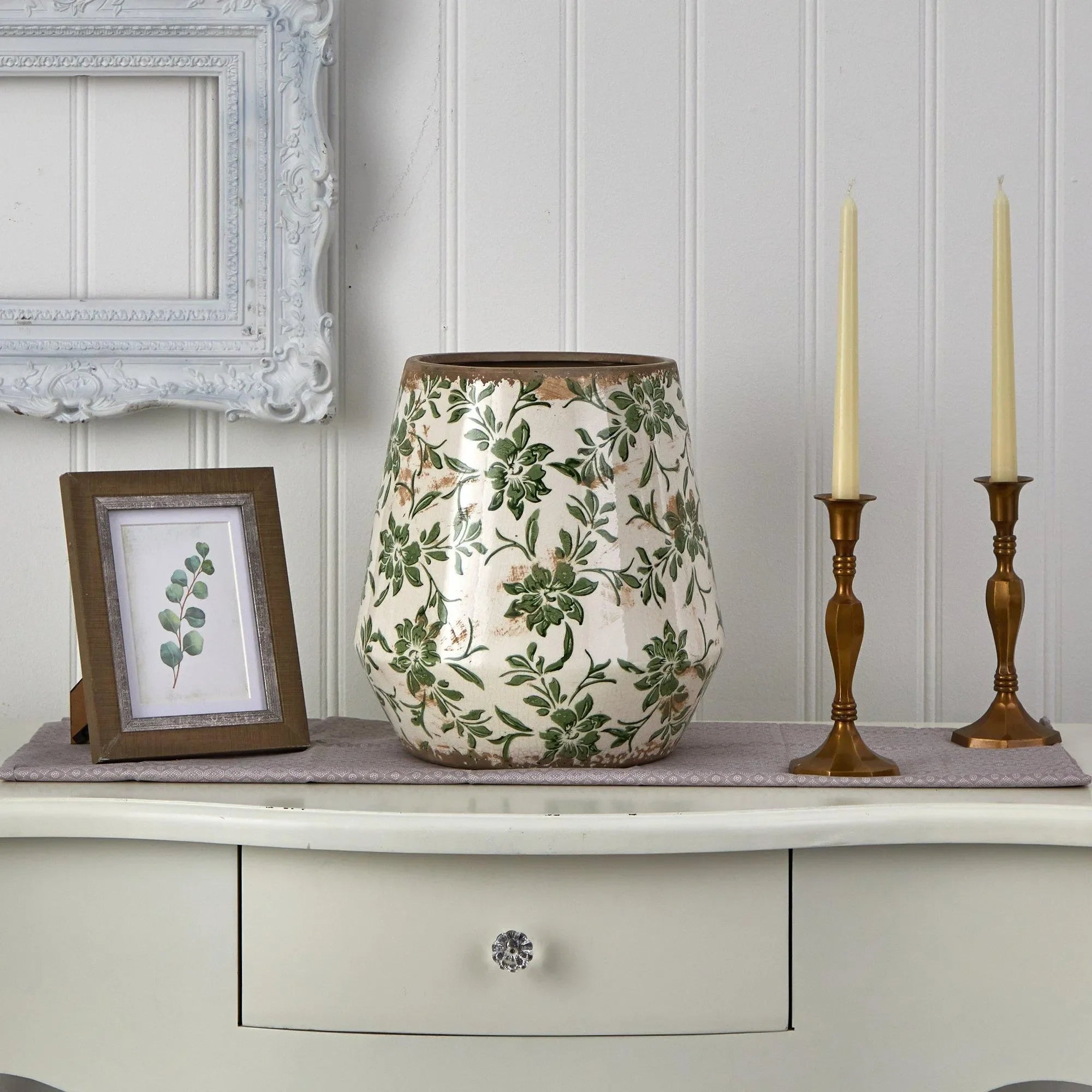 12” Tuscan Ceramic Green Scroll Planter - The Mayfair Hall