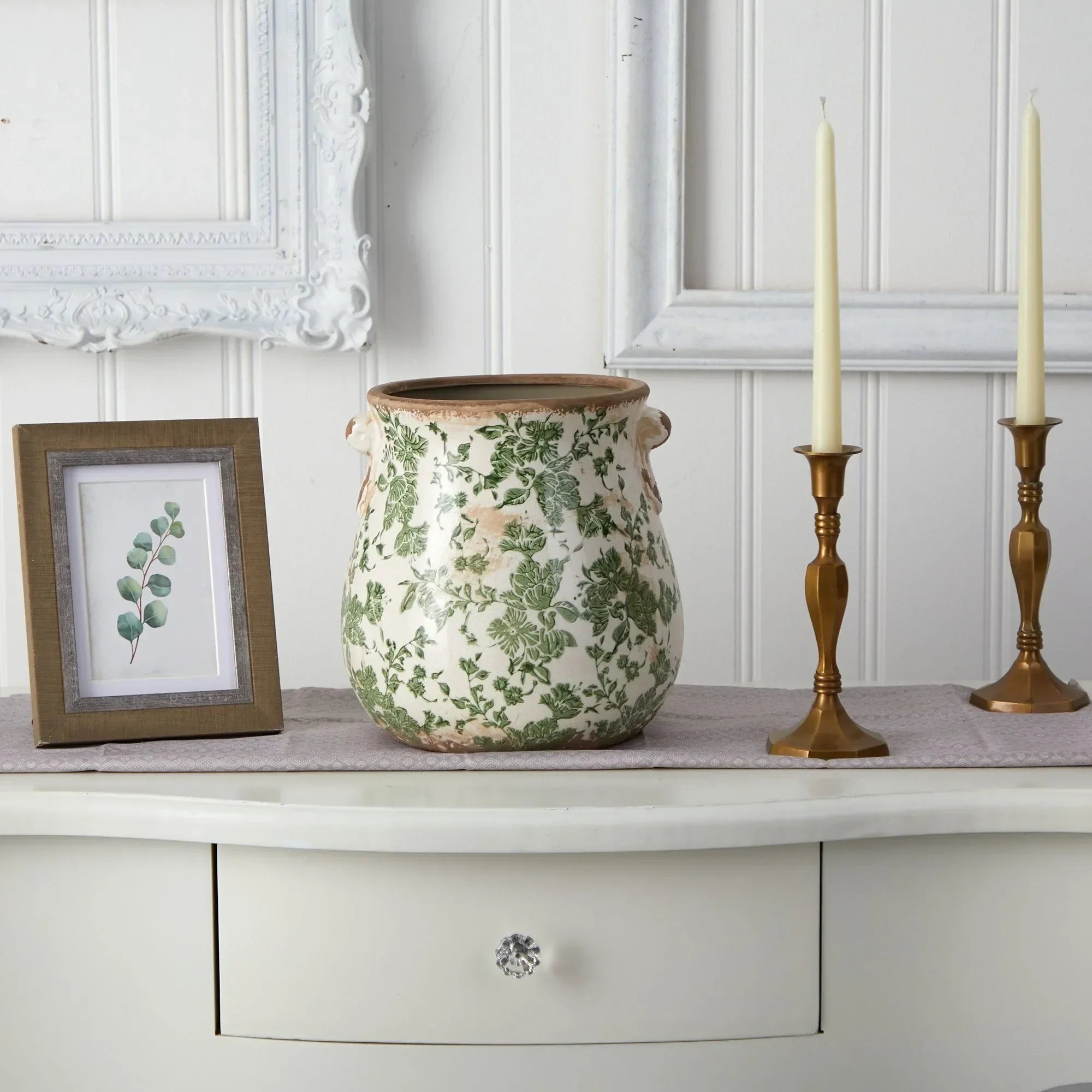 10” Tuscan Ceramic Green Scroll Planter w/ Handles - The Mayfair Hall