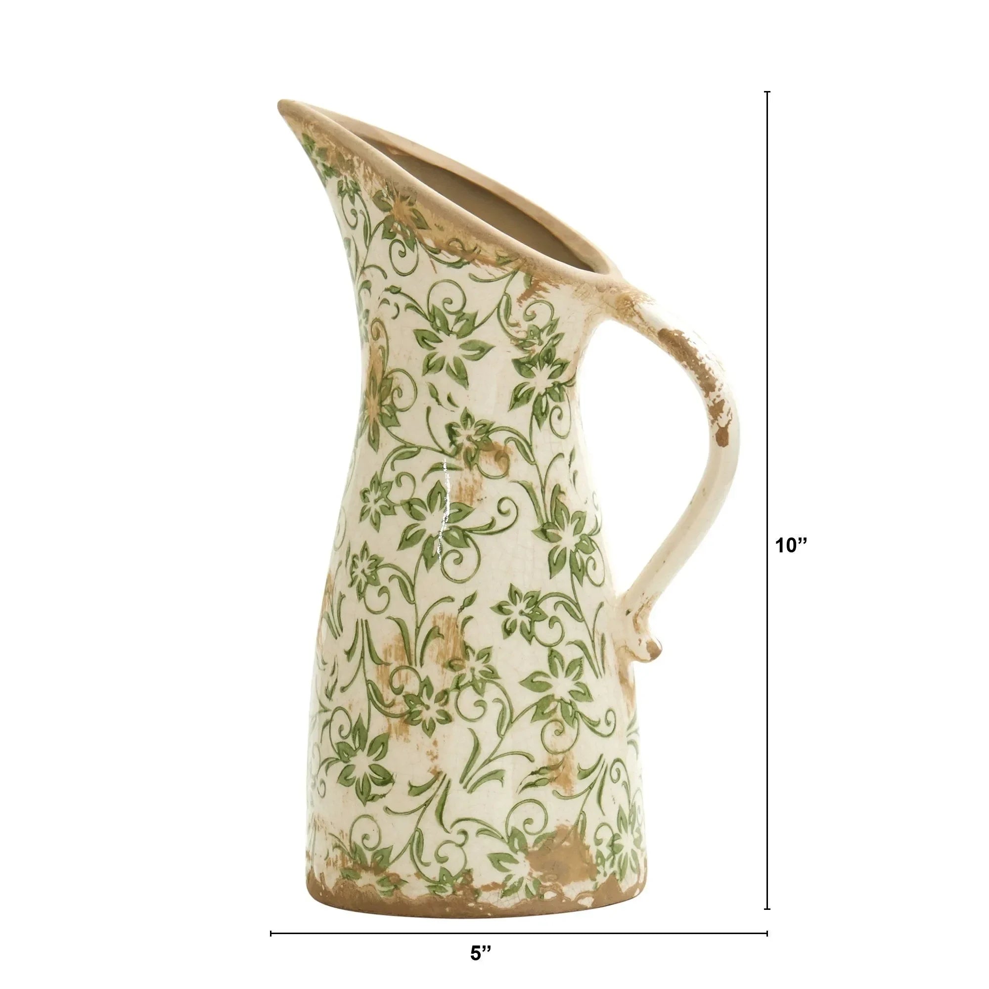10” Tuscan Ceramic Green Scroll Pitcher Vase - The Mayfair Hall