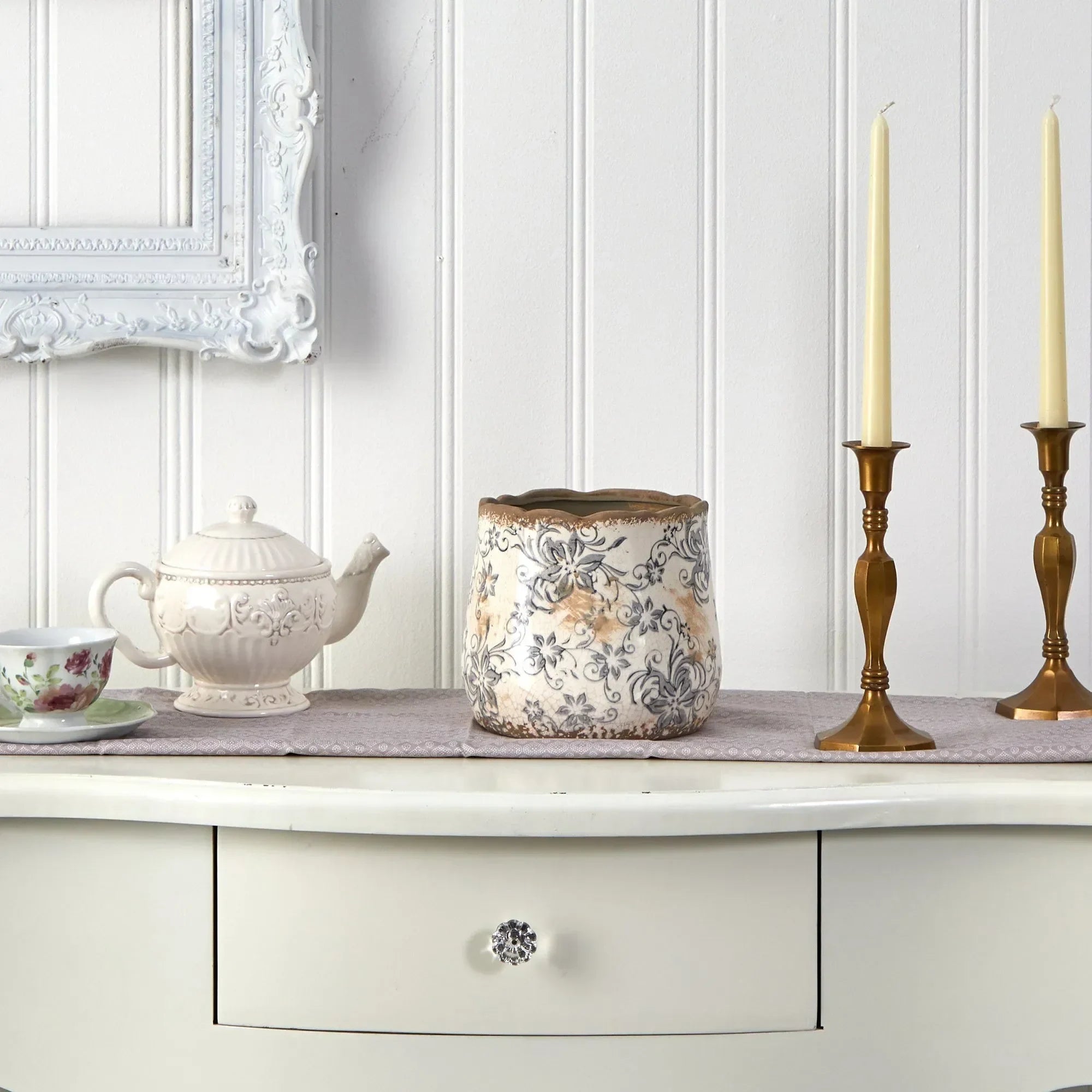 7” Tuscan Ceramic Gray Scroll Planter - The Mayfair Hall