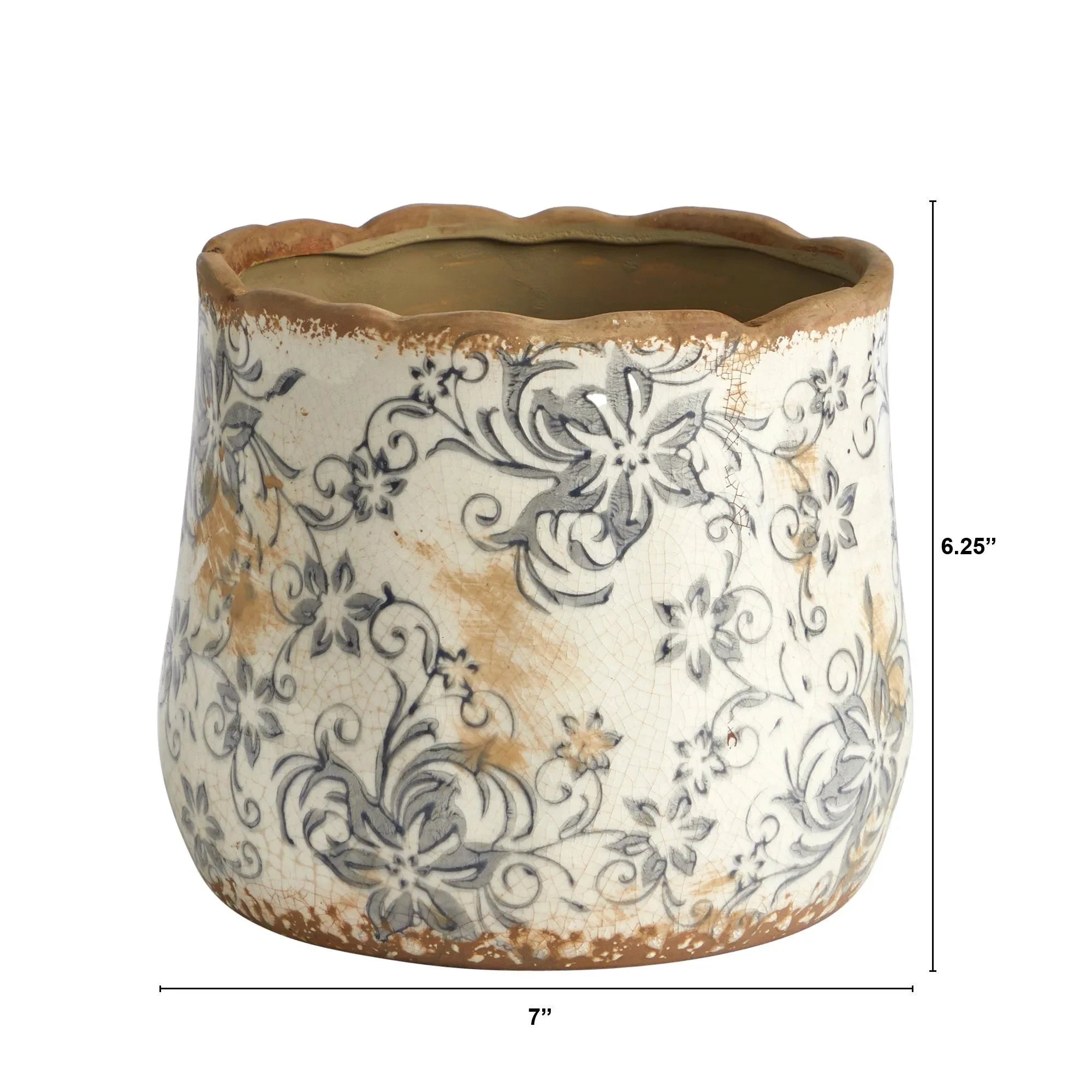 7” Tuscan Ceramic Gray Scroll Planter - The Mayfair Hall