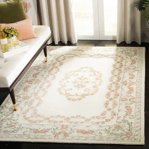 Aubusson Wool Rug in Ivory and Pink - The Mayfair Hall