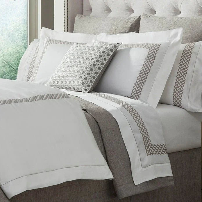 Avalon Sateen Flat Sheet in White with Geometric Embroidery - The Mayfair Hall