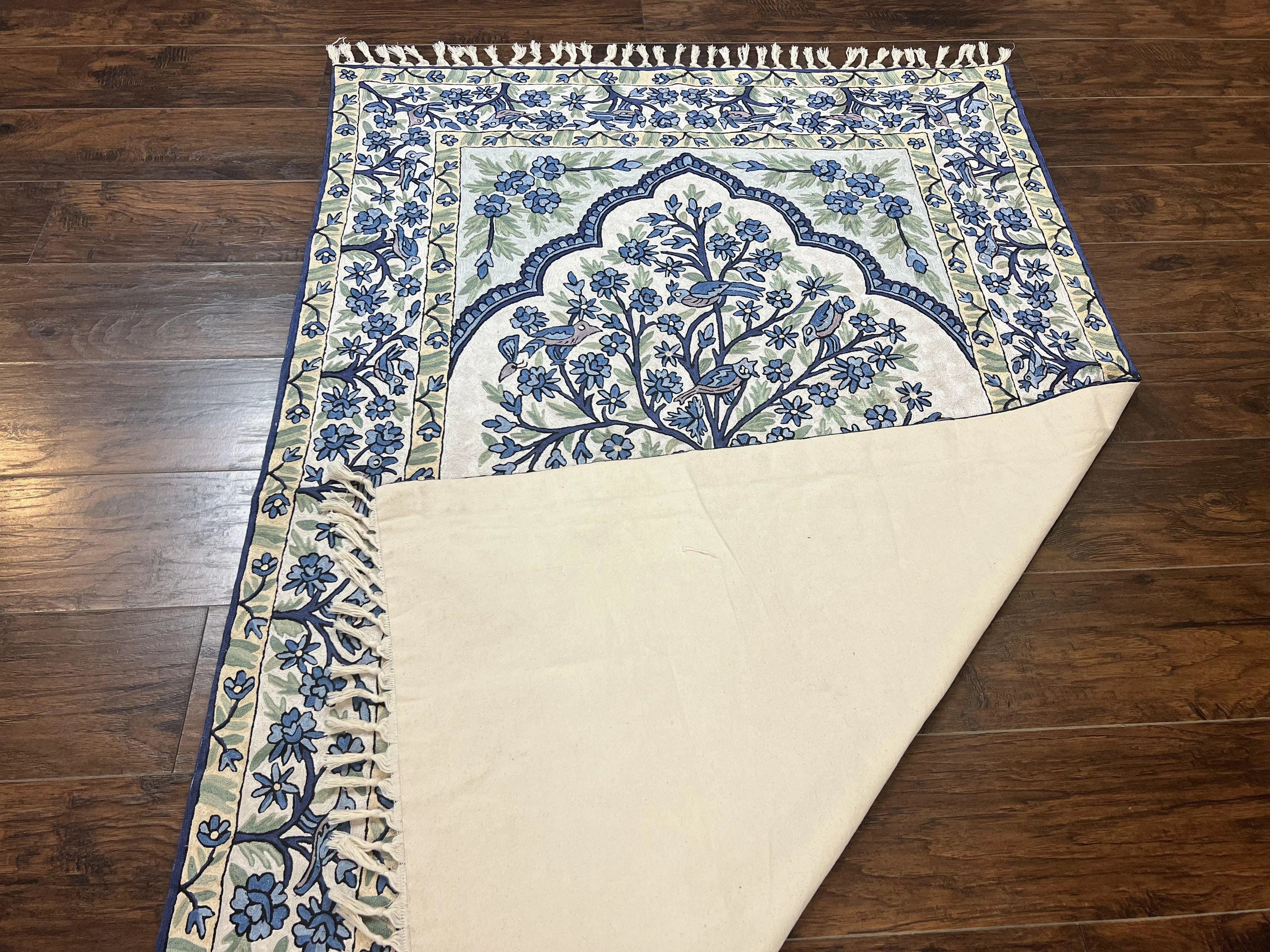 Tree of Life Indian Hand Stitched Rug 4x6, Indian Wall Hanging Rug, Ivory Blue, Silk on Cotton, Vintage
