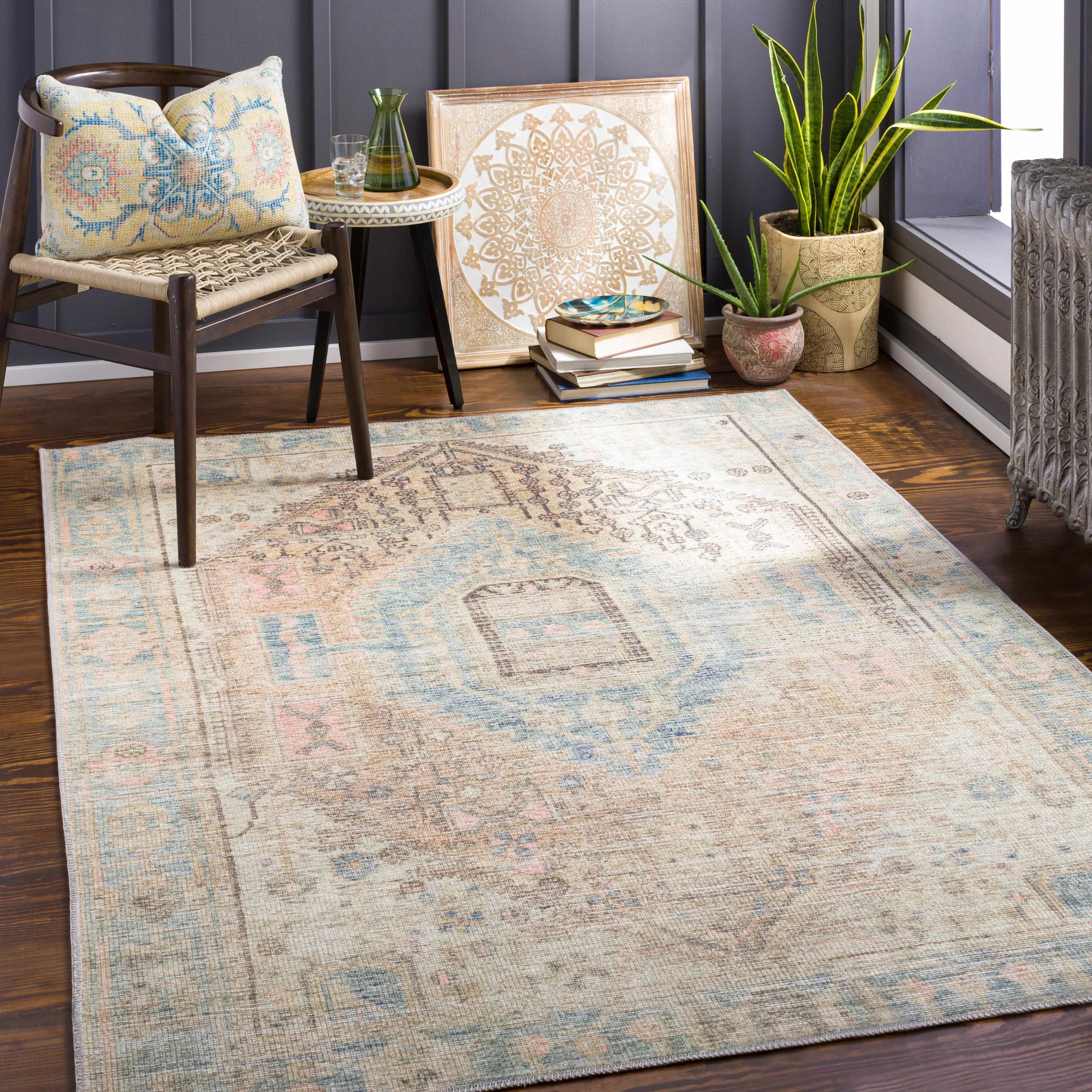 Light Olive Baloy Vintage Washable Area Rug - The Mayfair Hall