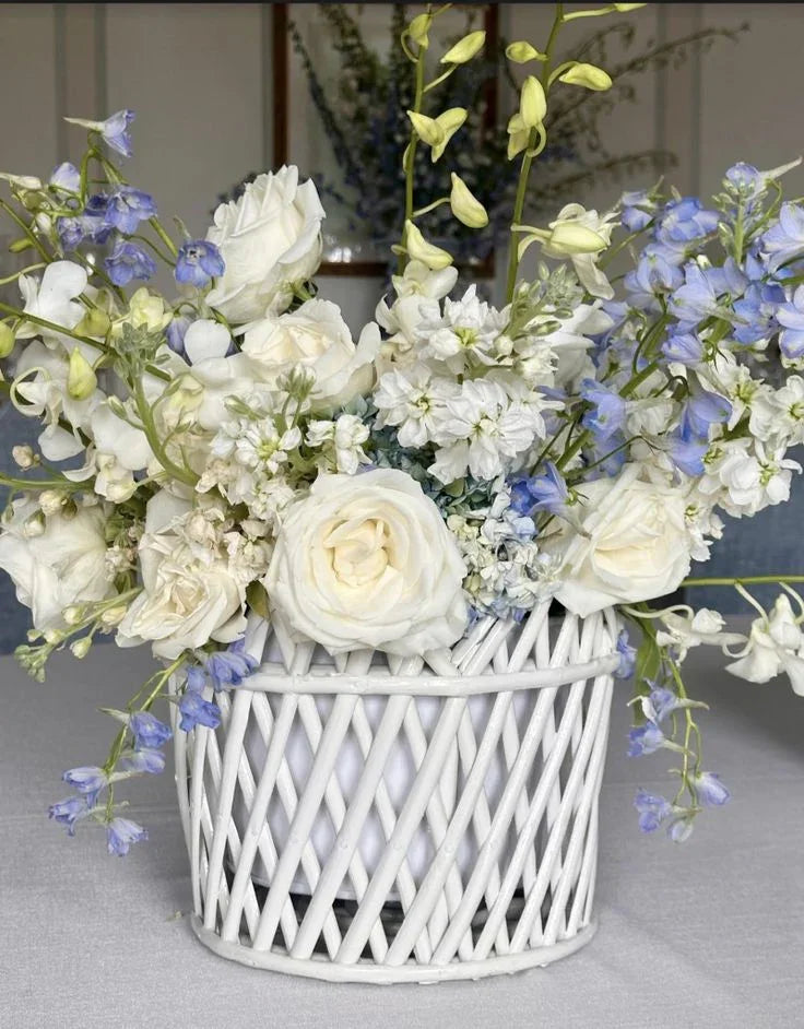 White ROUND SCALLOPED LATTICE RATTAN PLANTER - The Mayfair Hall
