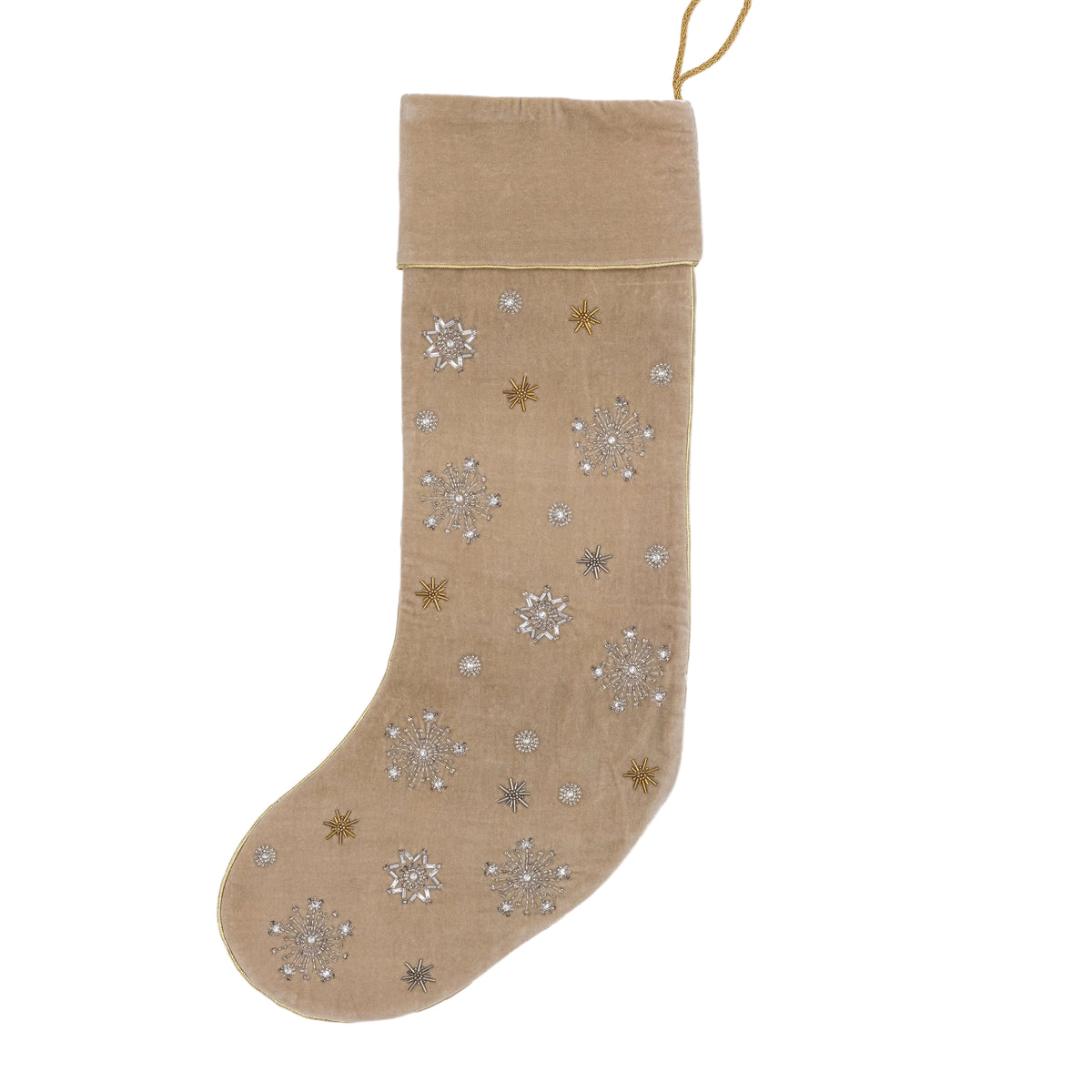 Extra-Large Snowflake Velvet Holiday Stocking in Taupe by Joanna Buchanan
