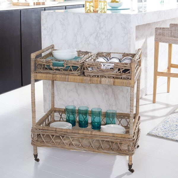 Ambrose 2 Tier Rattan Bar Cart in Grey Wash