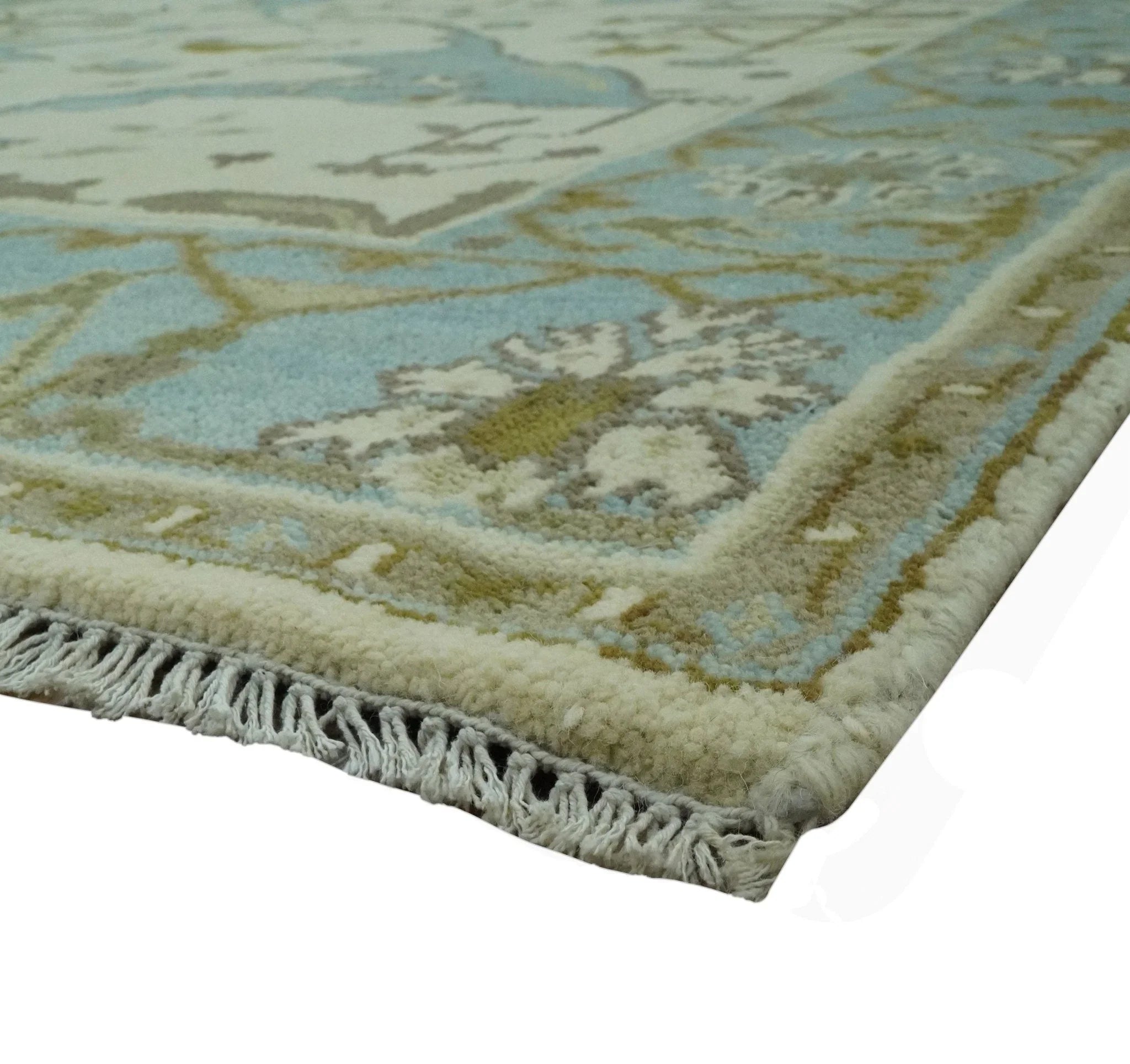 Beige and Aqua Hand Knotted 6x9 Traditional Oriental Oushak wool area rug - The Mayfair Hall