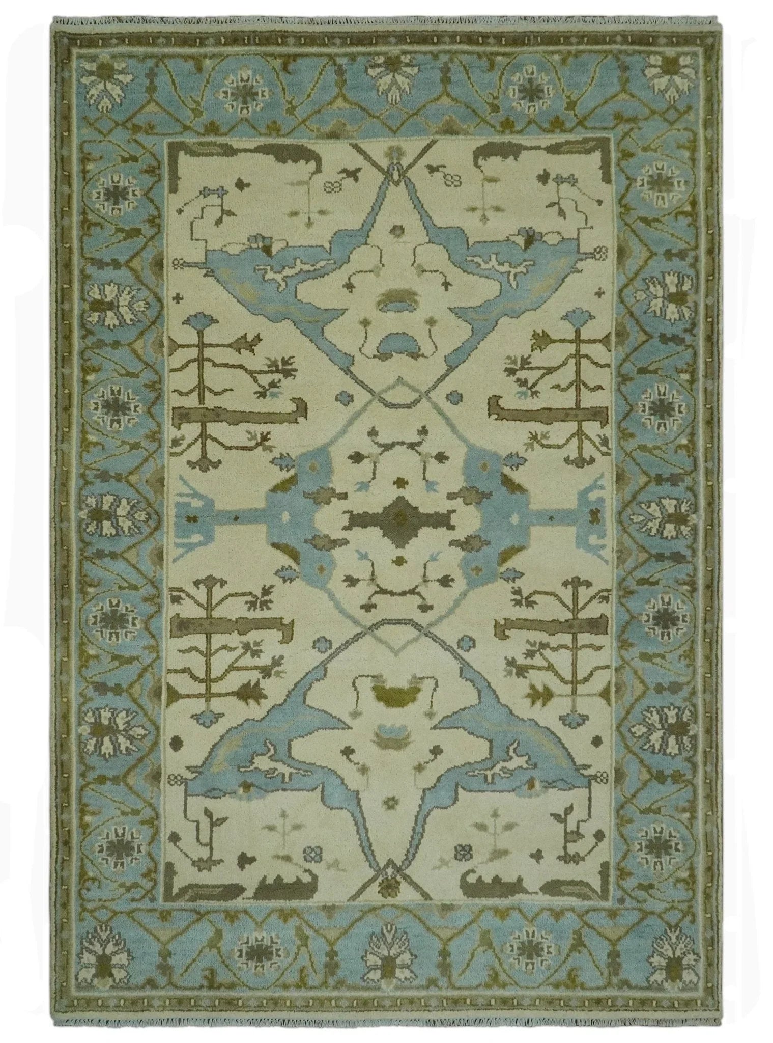 Beige and Aqua Hand Knotted 6x9 Traditional Oriental Oushak wool area rug - The Mayfair Hall
