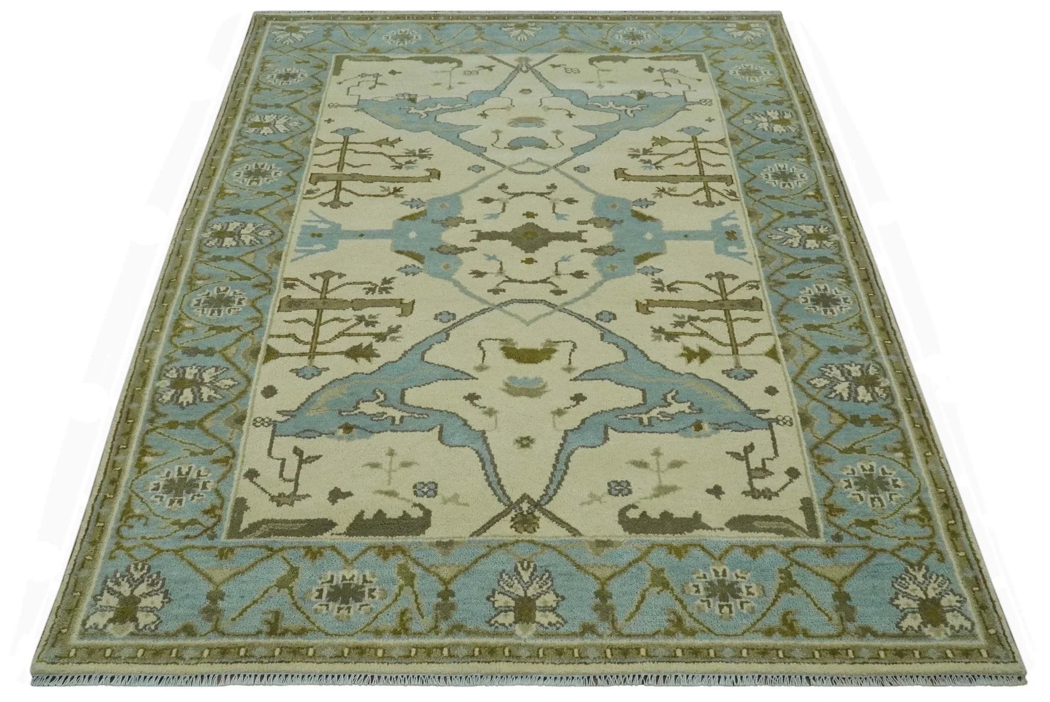 Beige and Aqua Hand Knotted 6x9 Traditional Oriental Oushak wool area rug - The Mayfair Hall