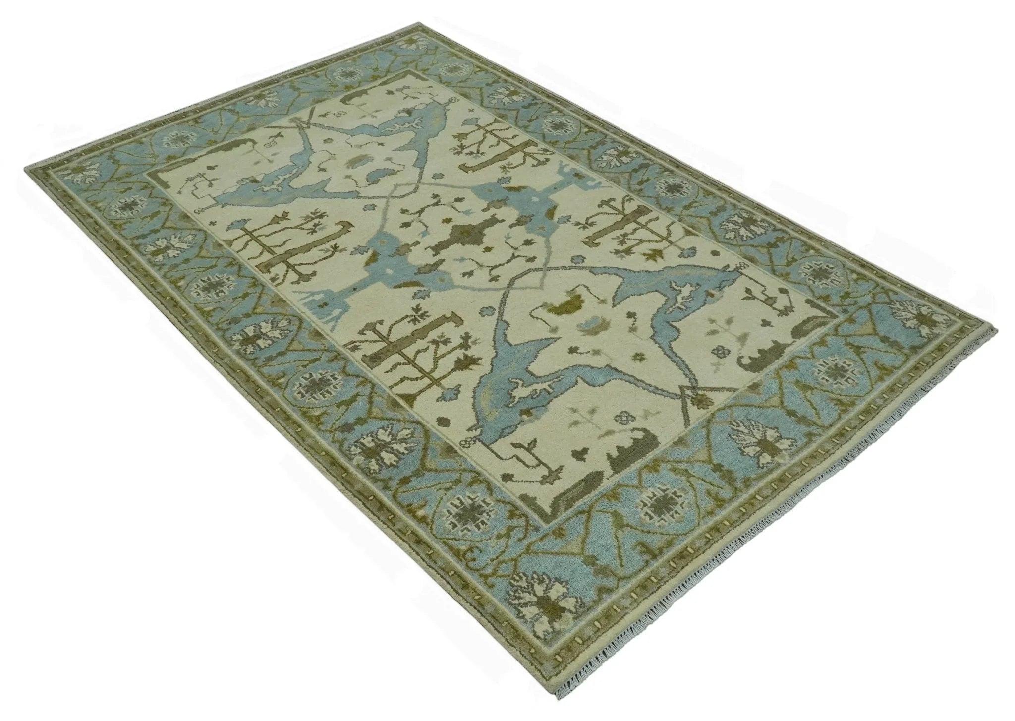 Beige and Aqua Hand Knotted 6x9 Traditional Oriental Oushak wool area rug - The Mayfair Hall