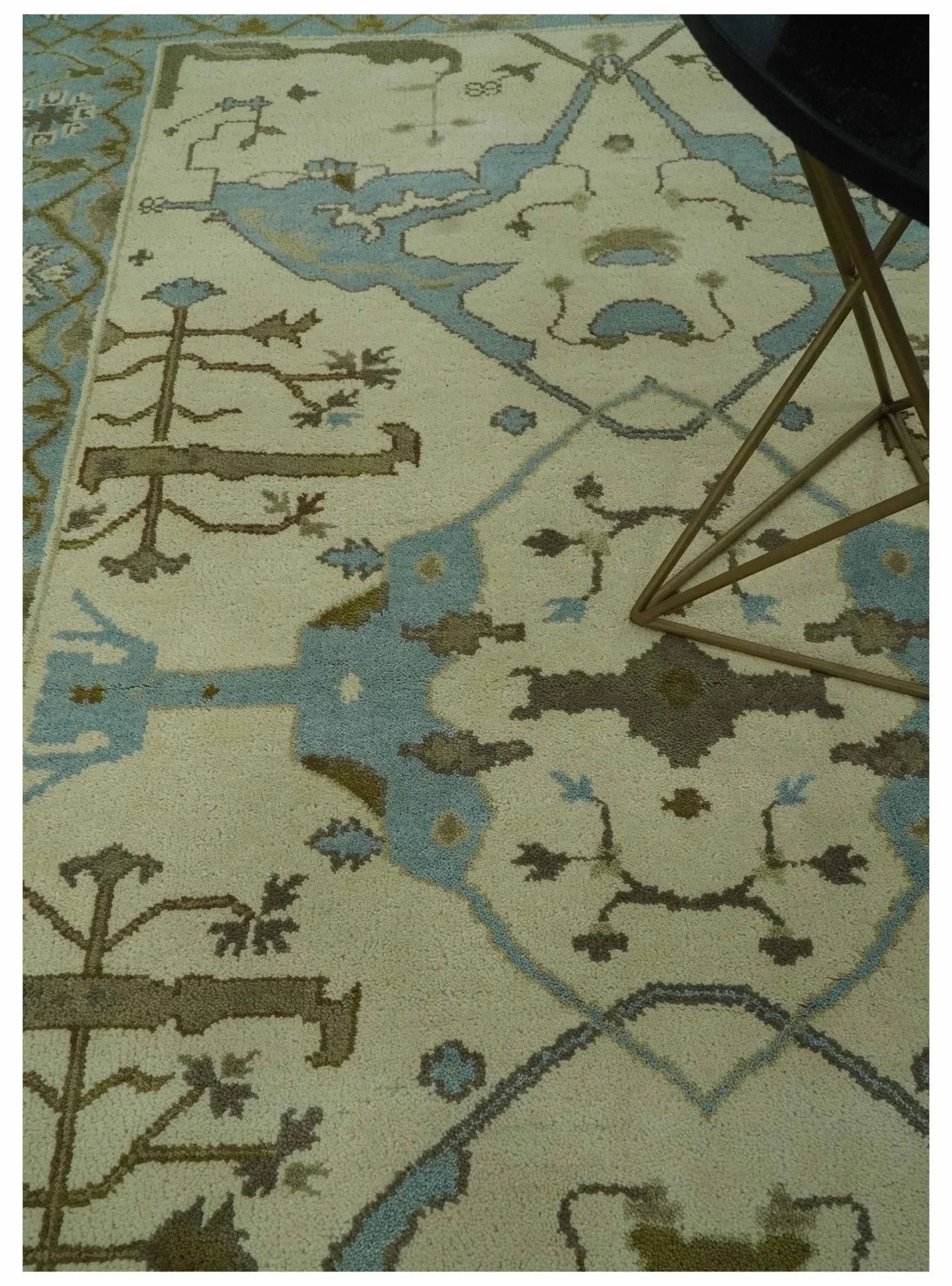 Beige and Aqua Hand Knotted 6x9 Traditional Oriental Oushak wool area rug - The Mayfair Hall