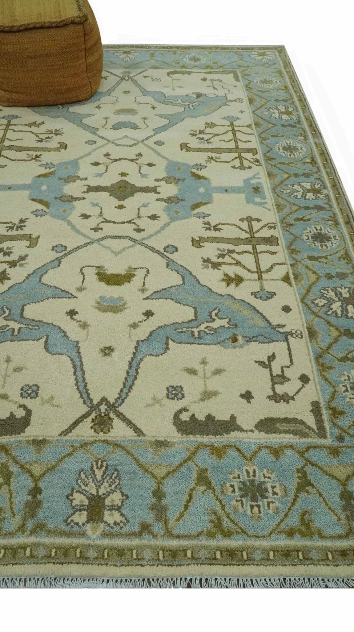 Beige and Aqua Hand Knotted 6x9 Traditional Oriental Oushak wool area rug - The Mayfair Hall