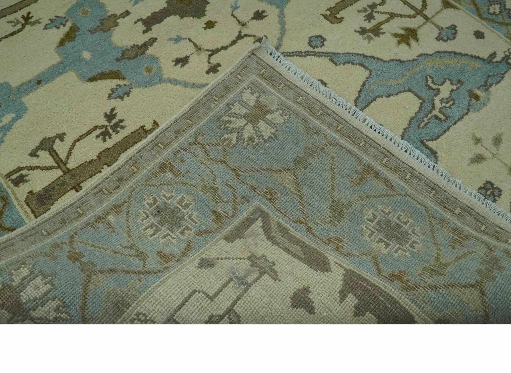 Beige and Aqua Hand Knotted 6x9 Traditional Oriental Oushak wool area rug - The Mayfair Hall