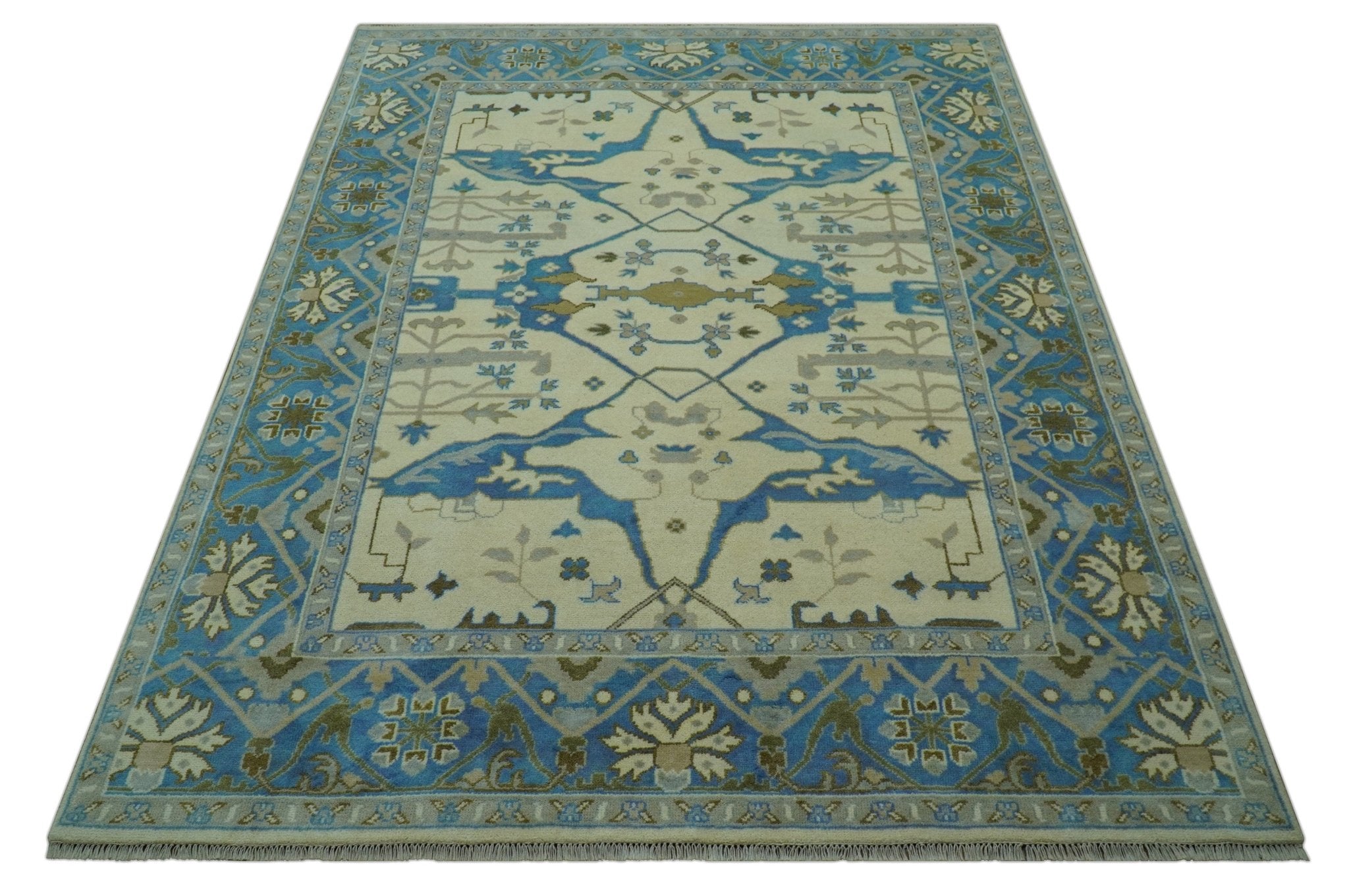 Beige and Blue Hand Knotted Oushak Custom Made wool Rug