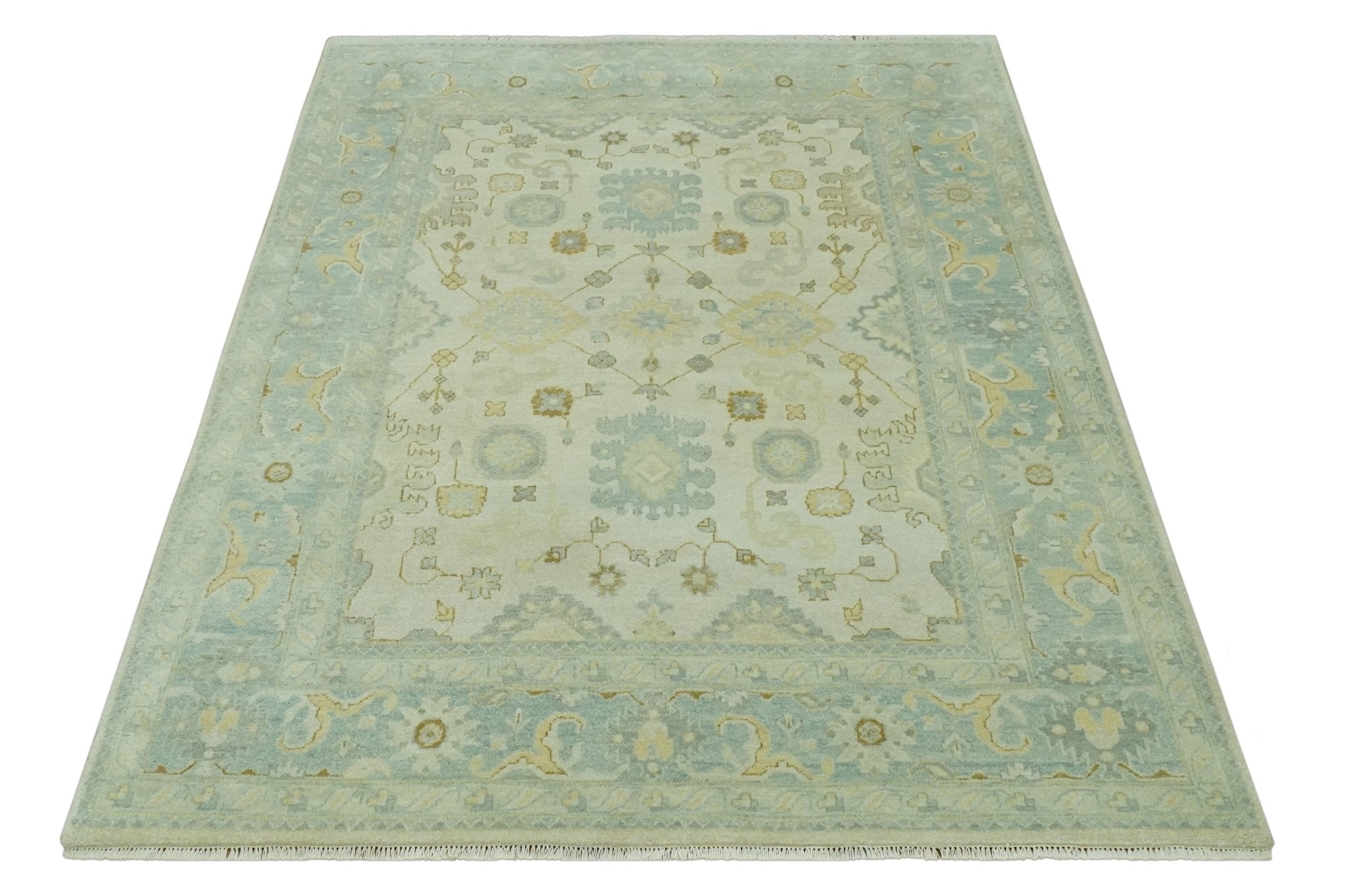 Beige and Gray 8x10 Hand Knotted Traditional Oriental Oushak wool area rug