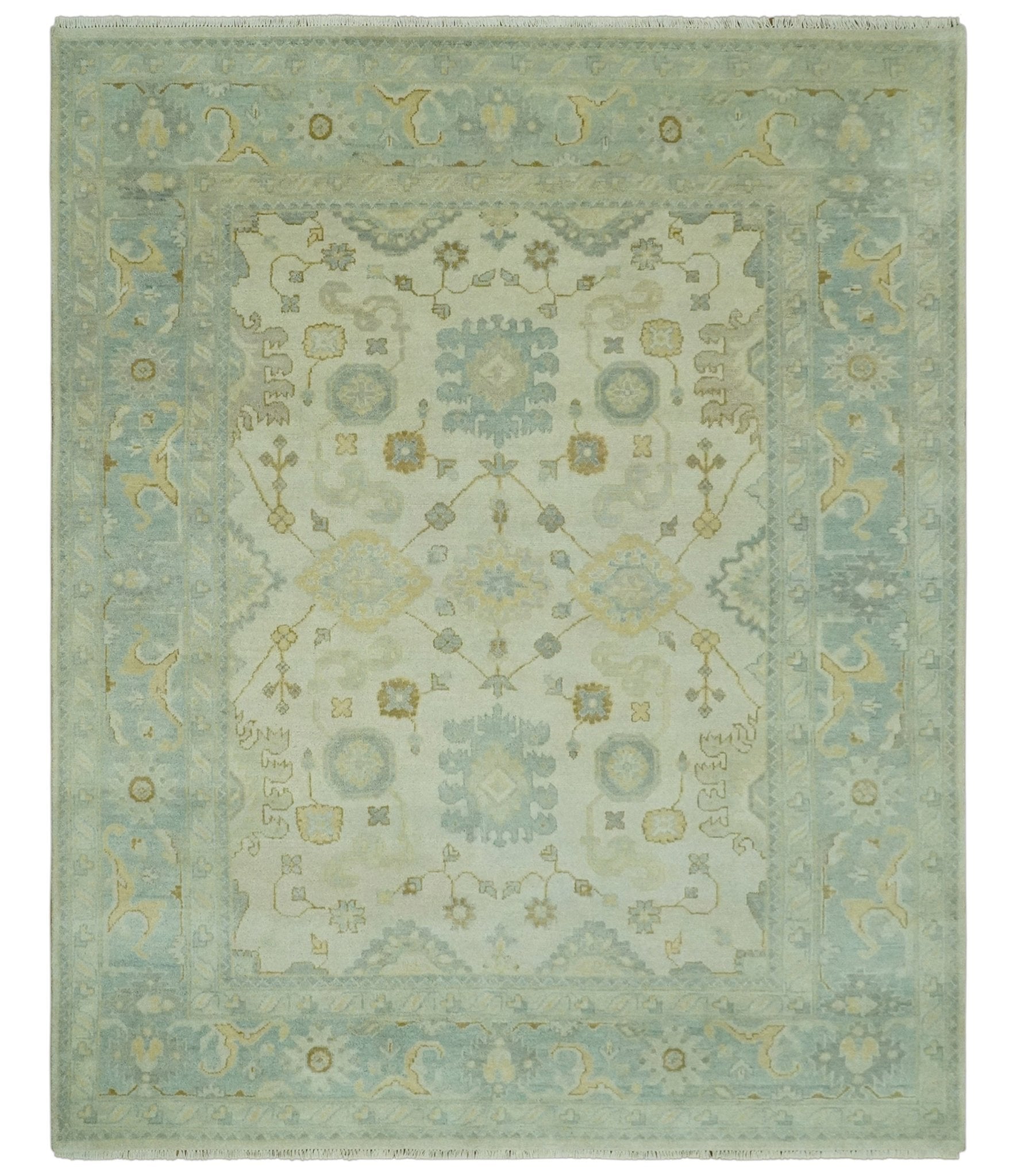 Beige and Gray 8x10 Hand Knotted Traditional Oriental Oushak wool area rug