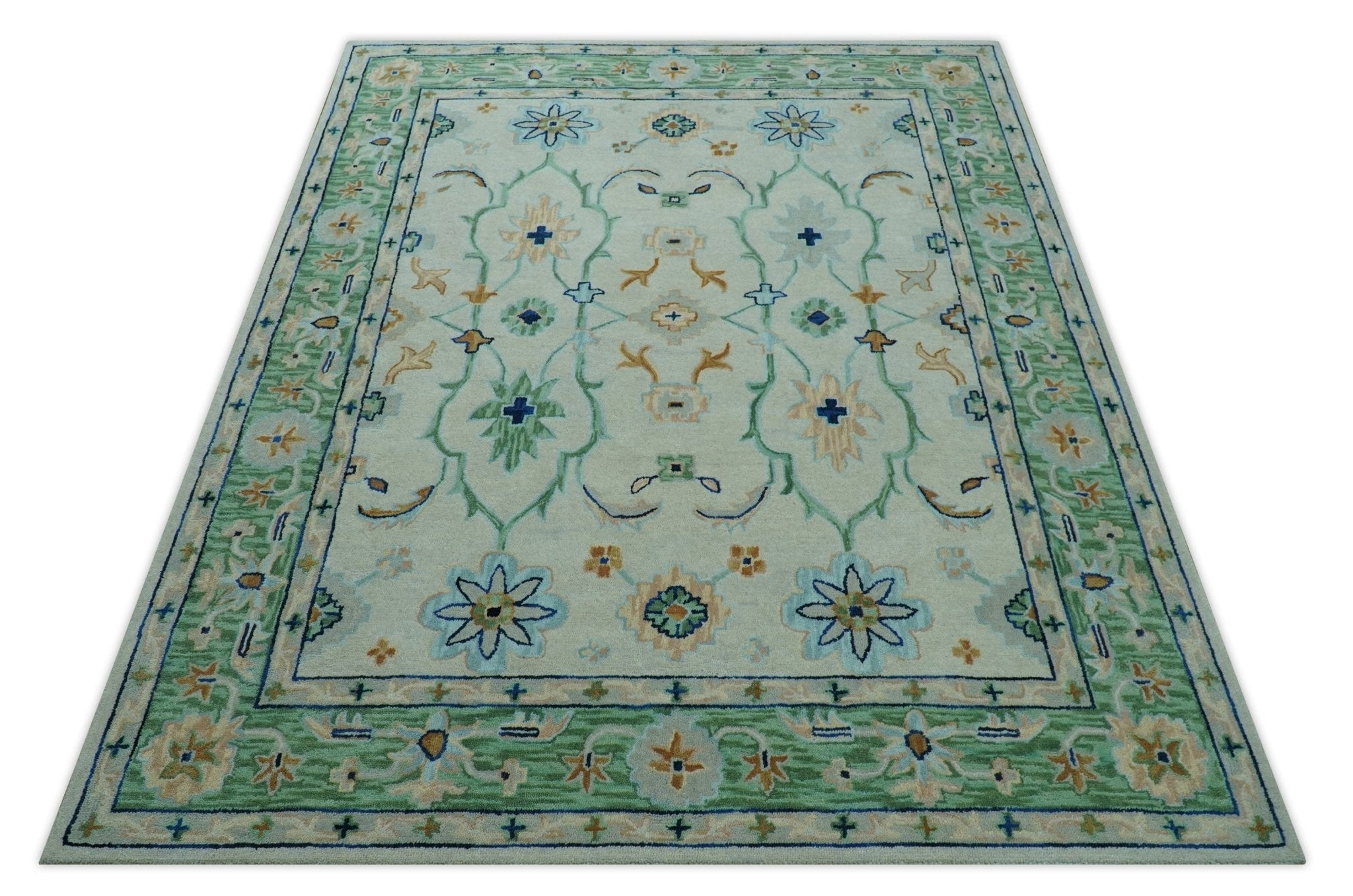 Beige and Green traditional Floral Oriental Oushak Hand Tufted Multi Size wool rug