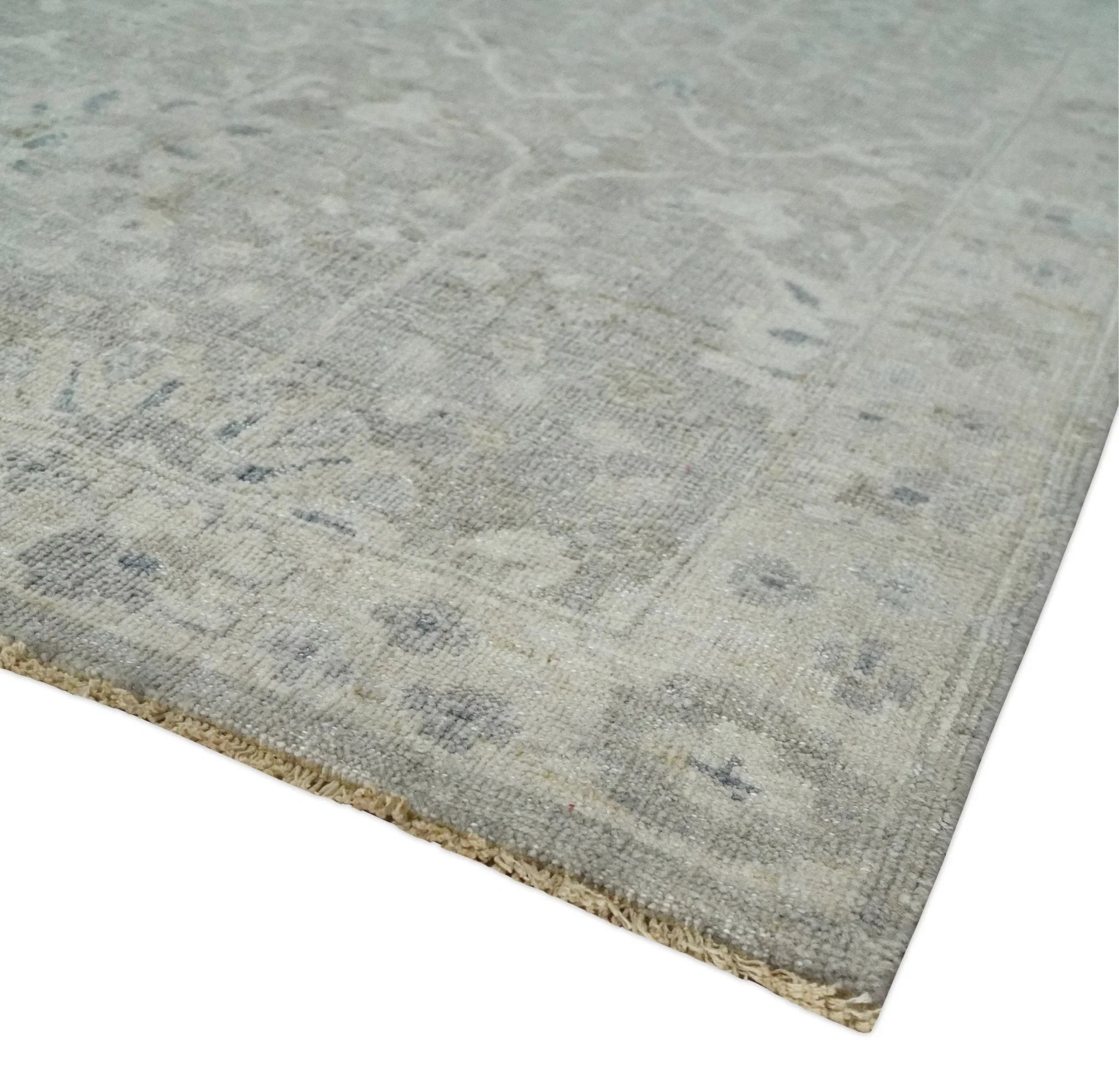 Beige and Silver Custom Made Antique Style Distressed Finished Low Pile wool Area Rug - The Rug Decor