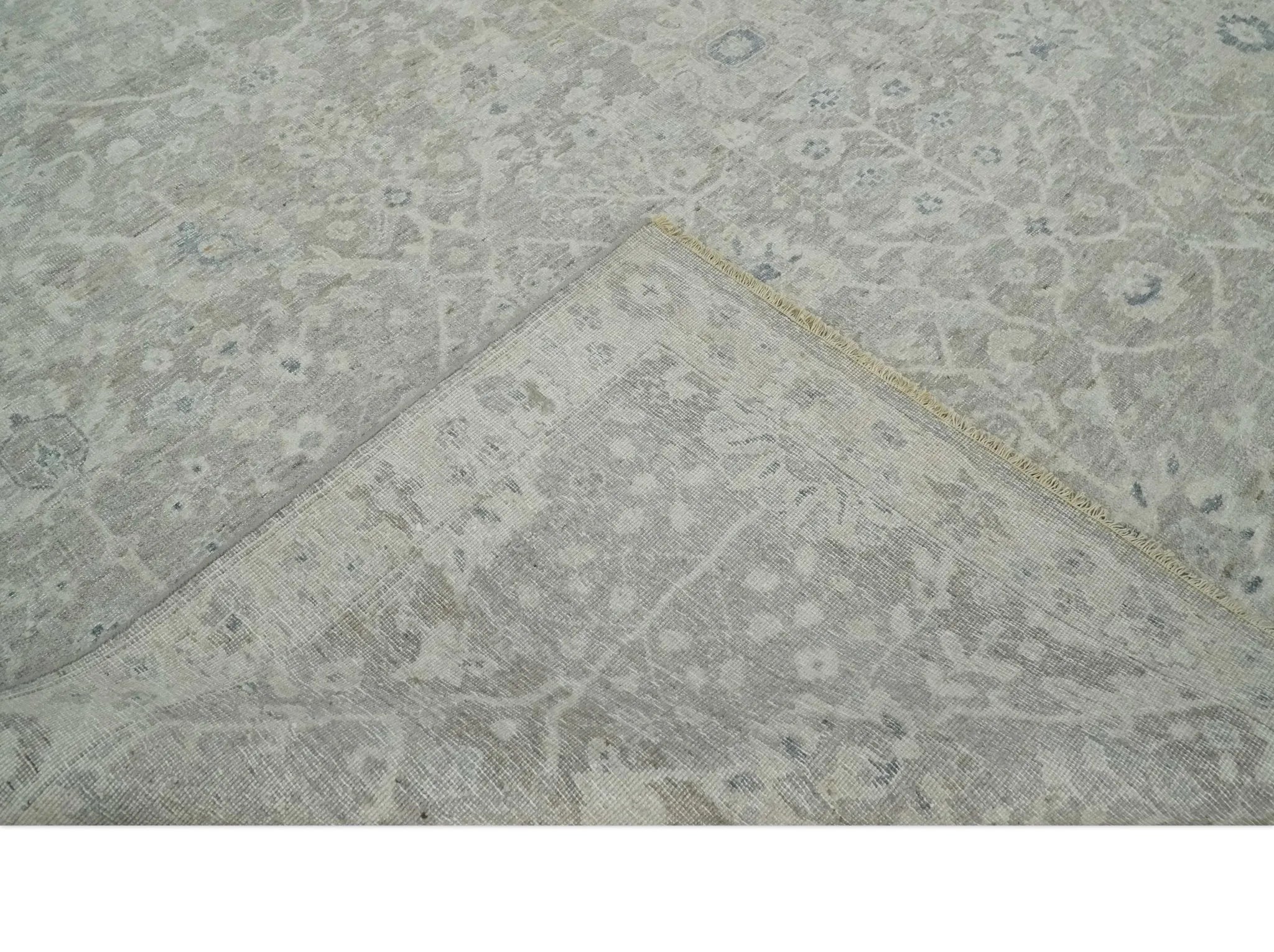 Beige and Silver Custom Made Antique Style Distressed Finished Low Pile wool Area Rug - The Rug Decor