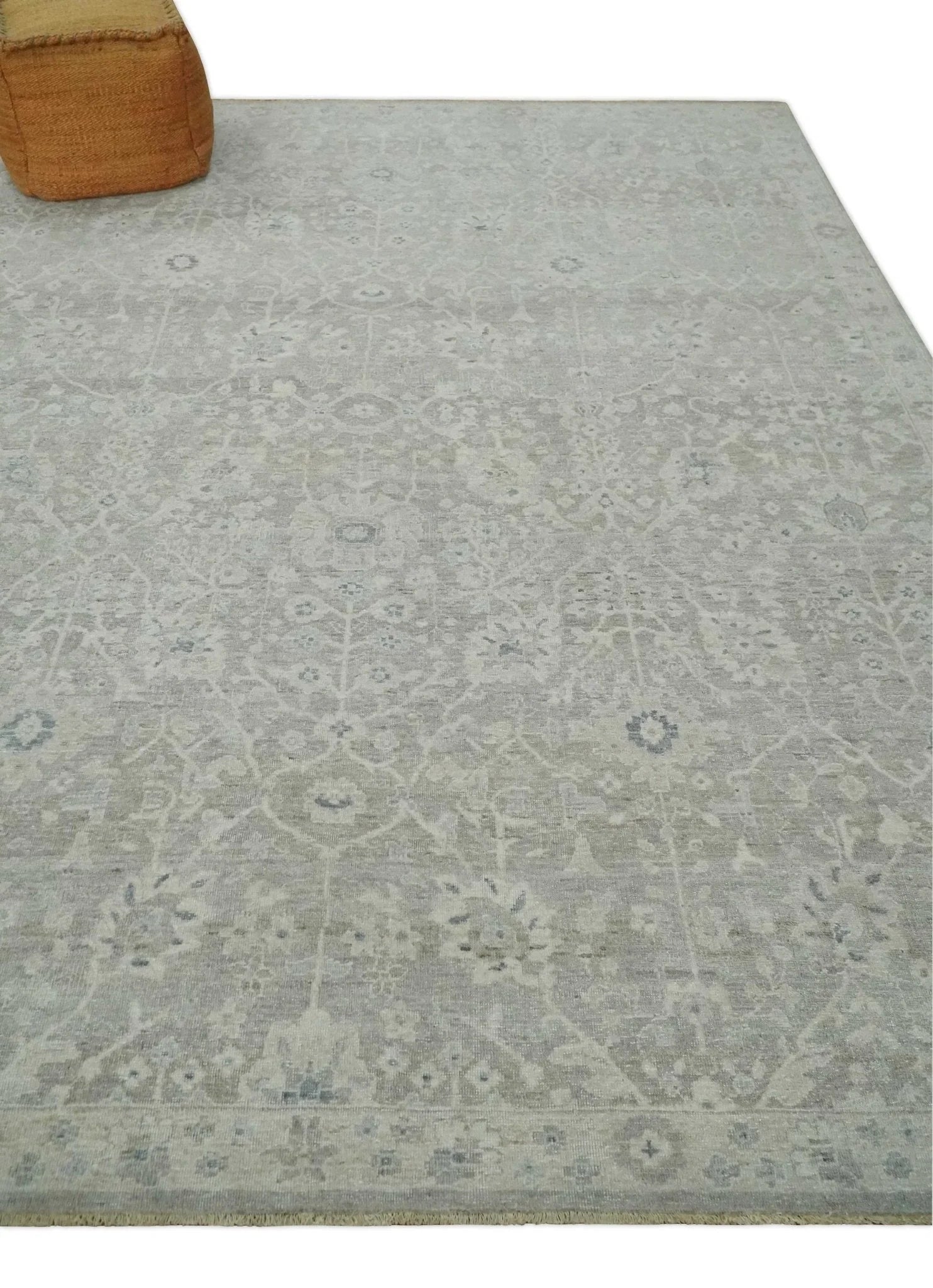 Beige and Silver Custom Made Antique Style Distressed Finished Low Pile wool Area Rug - The Rug Decor