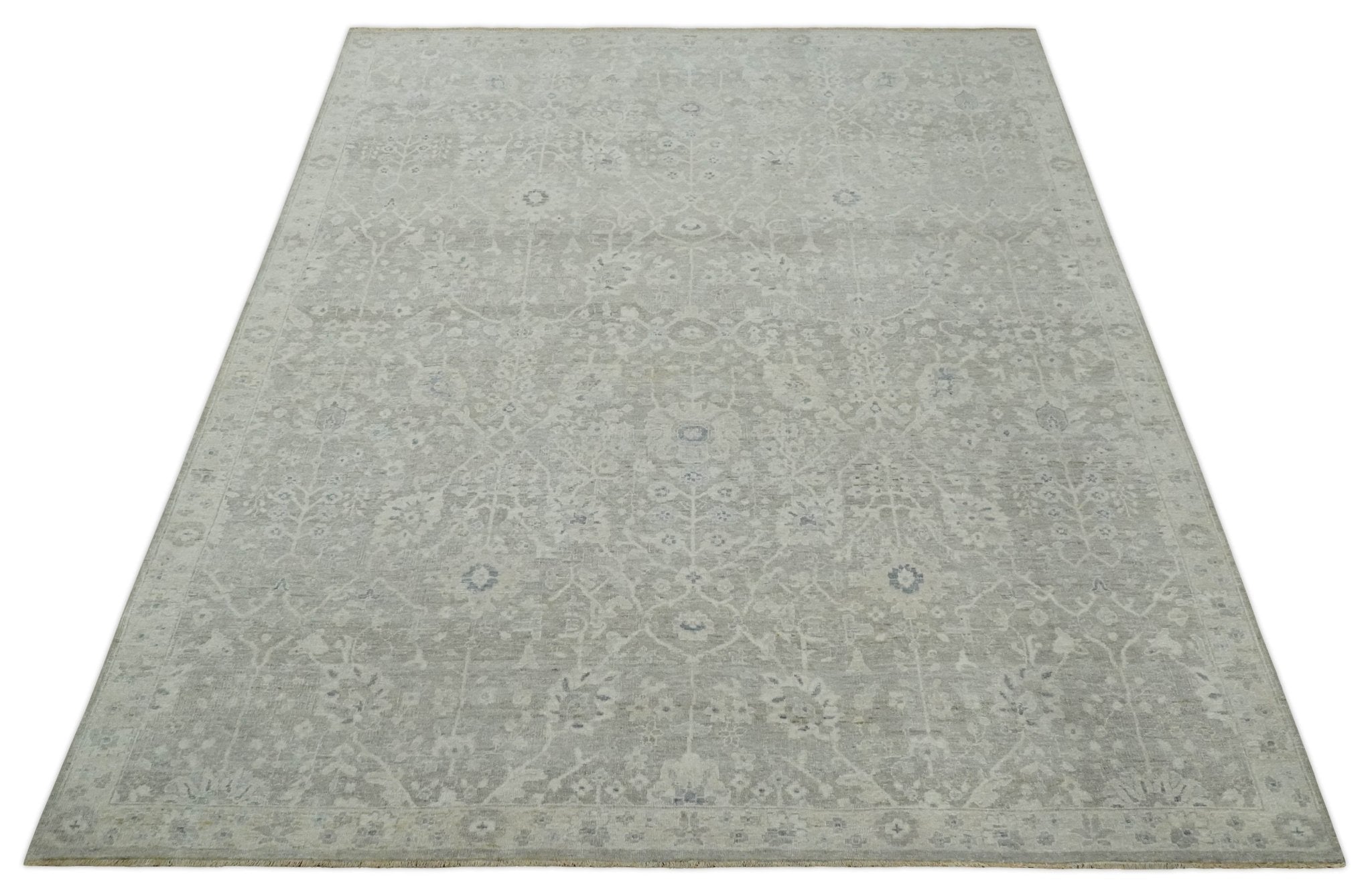 Beige and Silver Custom Made Antique Style Distressed Finished Low Pile wool Area Rug - The Rug Decor
