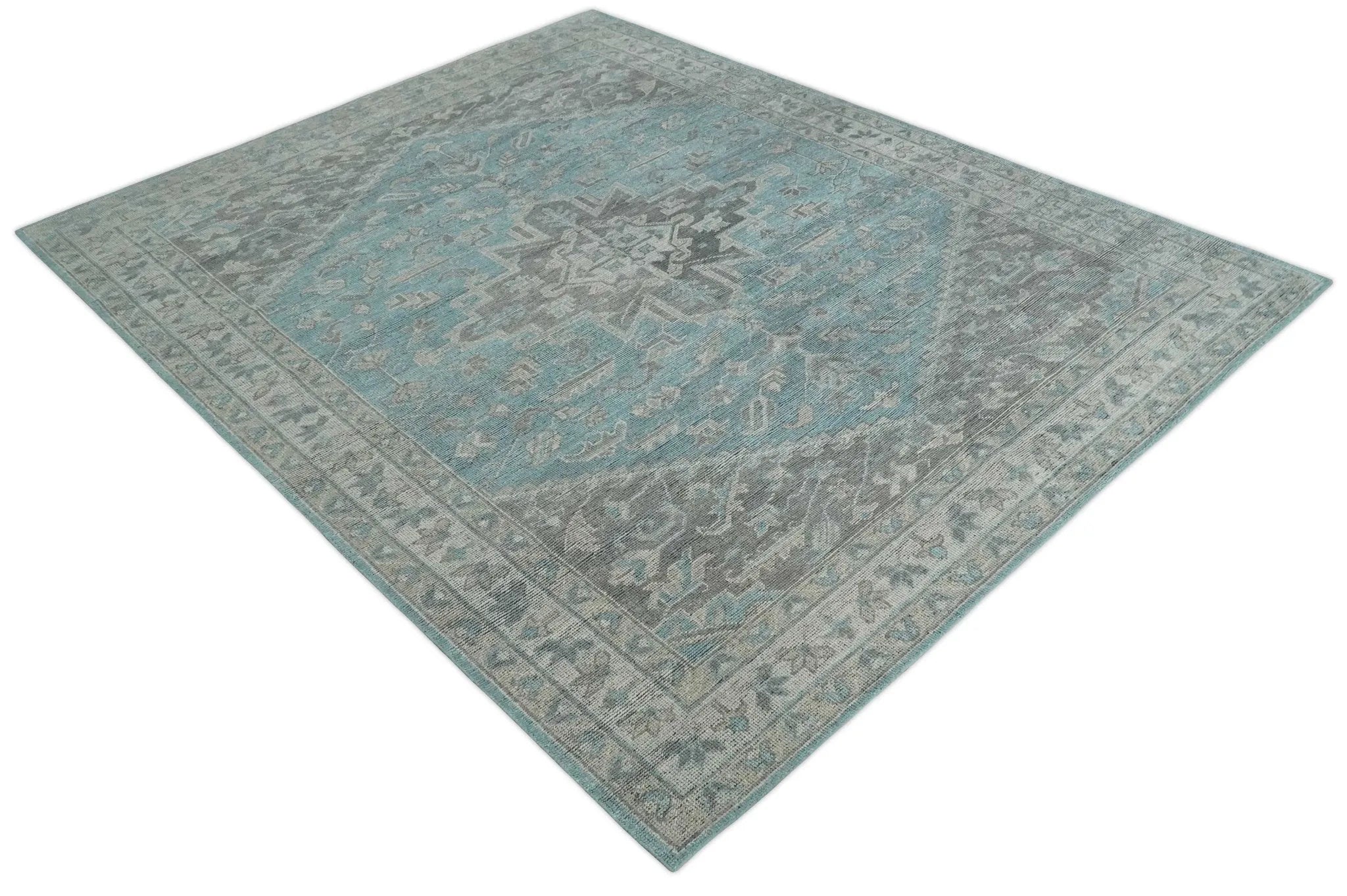 Beige, Blue and Gray Antique Finish Distressed Hand Knotted Heriz Serapi Traditional Multi Size wool Area Rug - The Mayfair Hall