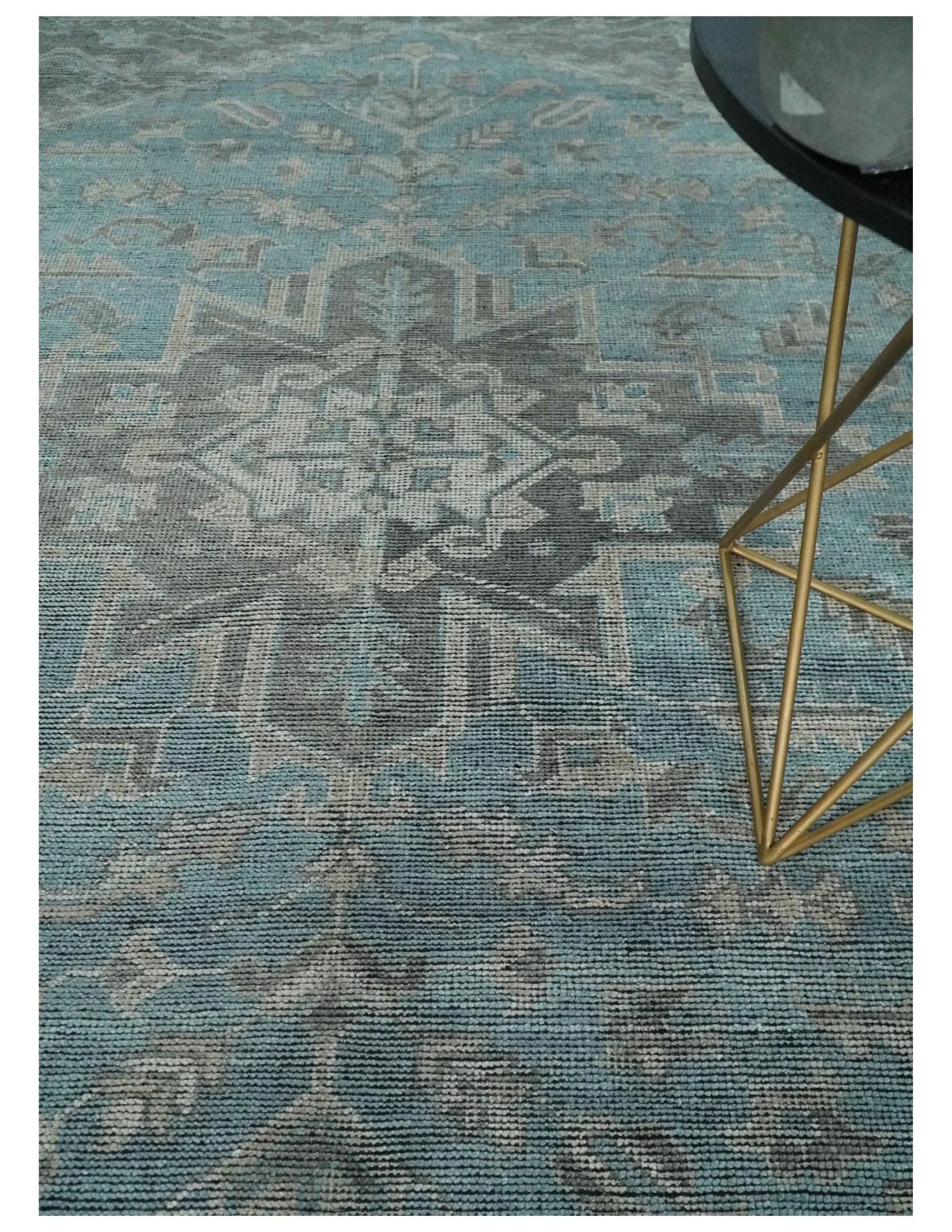 Beige, Blue and Gray Antique Finish Distressed Hand Knotted Heriz Serapi Traditional Multi Size wool Area Rug - The Mayfair Hall