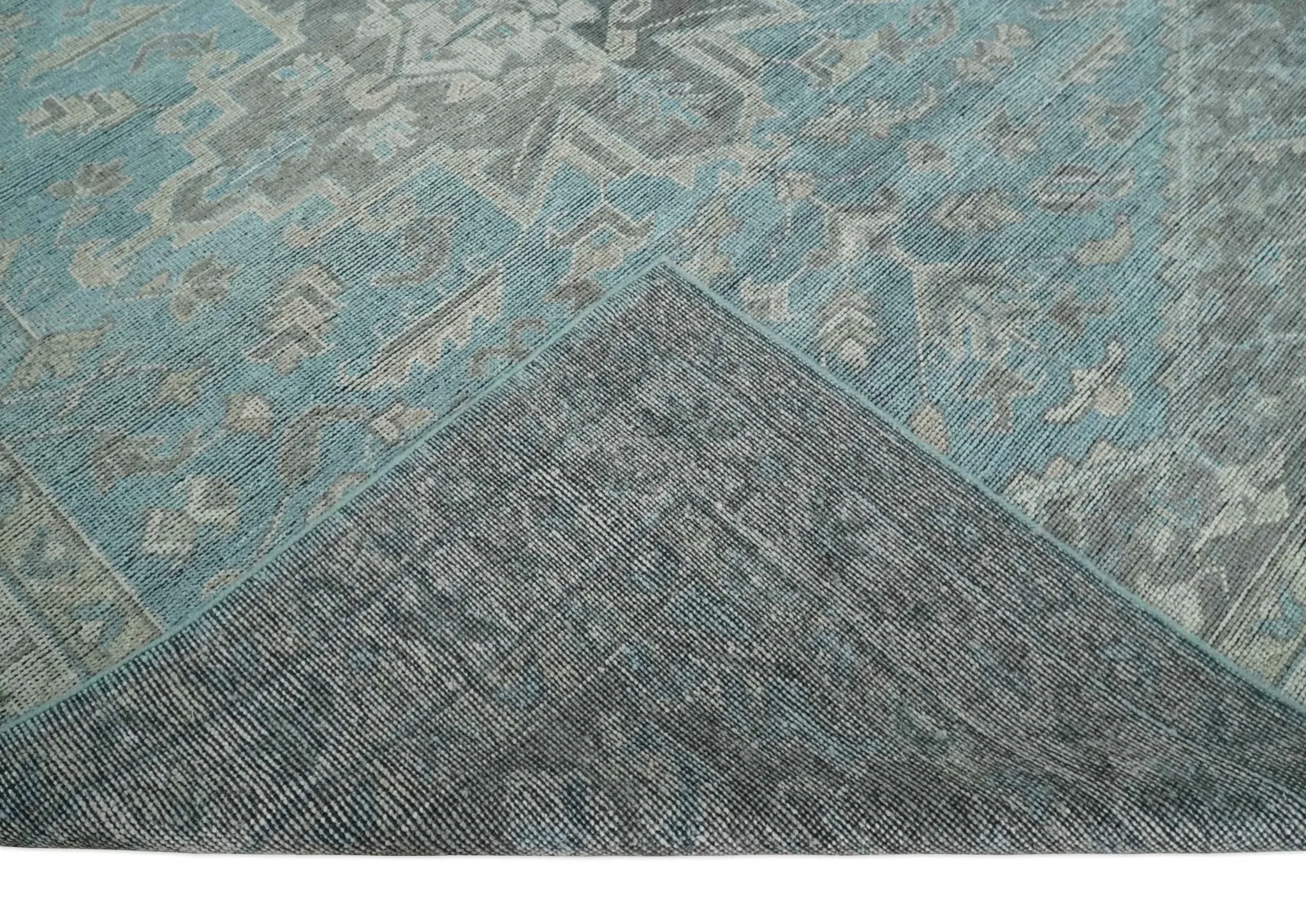 Beige, Blue and Gray Antique Finish Distressed Hand Knotted Heriz Serapi Traditional Multi Size wool Area Rug - The Mayfair Hall