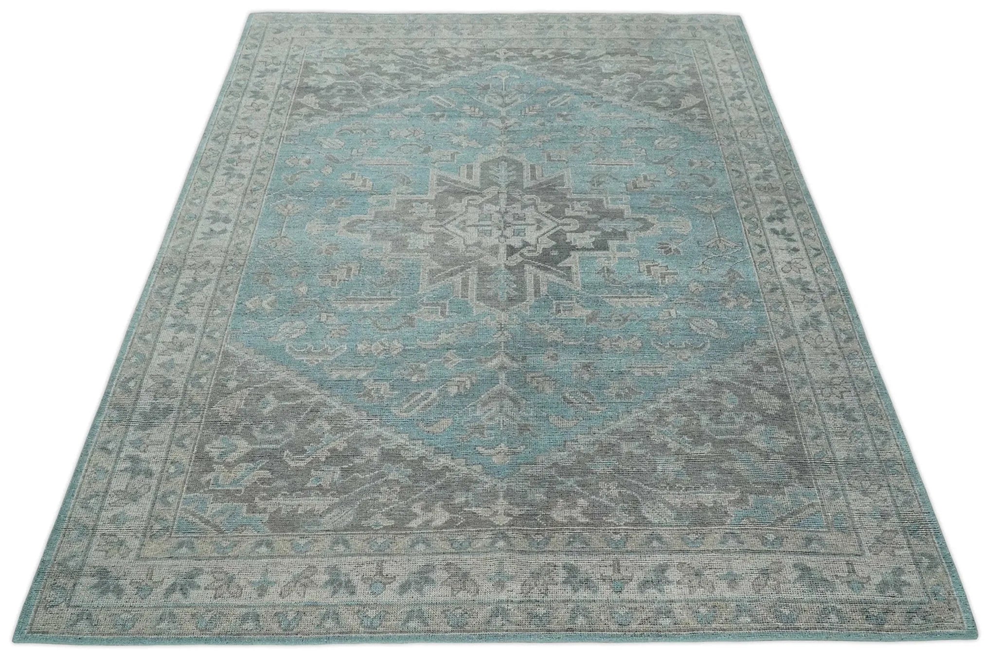 Beige, Blue and Gray Antique Finish Distressed Hand Knotted Heriz Serapi Traditional Multi Size wool Area Rug - The Mayfair Hall