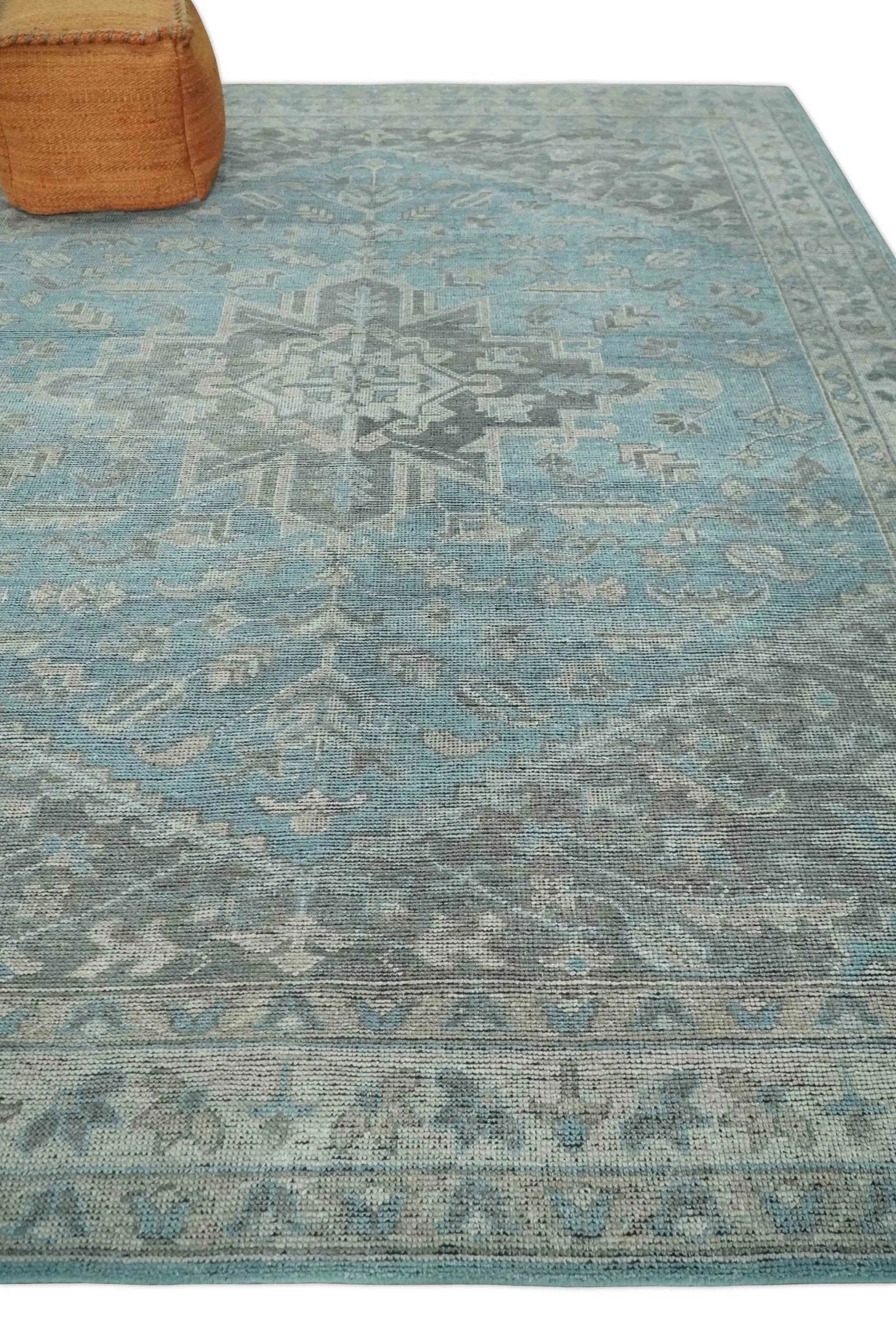 Beige, Blue and Gray Antique Finish Distressed Hand Knotted Heriz Serapi Traditional Multi Size wool Area Rug - The Mayfair Hall
