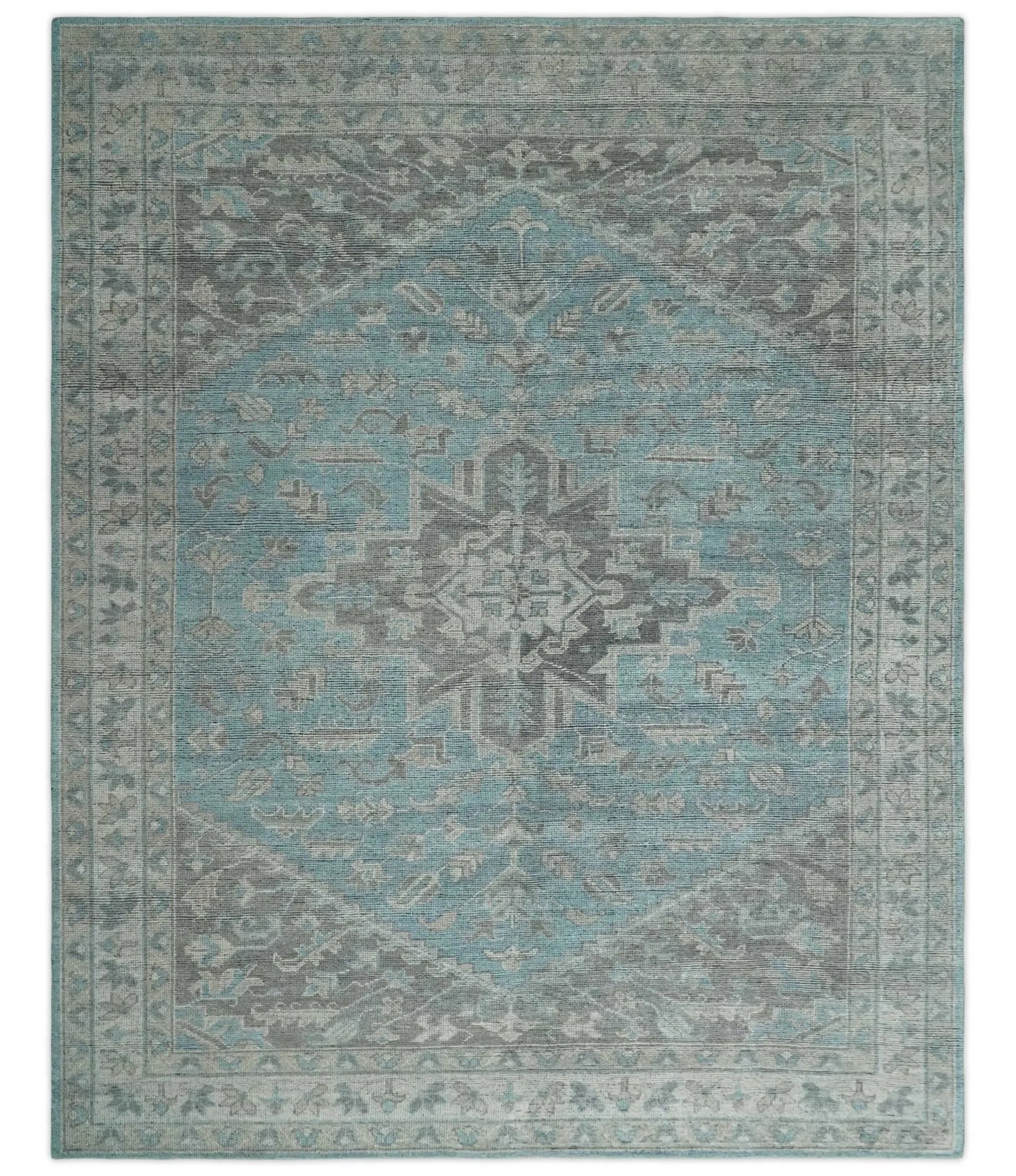 Beige, Blue and Gray Antique Finish Distressed Hand Knotted Heriz Serapi Traditional Multi Size wool Area Rug - The Mayfair Hall