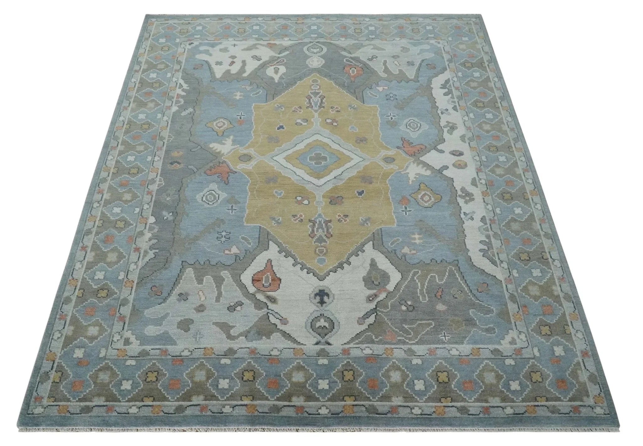 Beige, Blue and Ivory Hand Knotted Traditional Wool Area Rug - The Rug Decor
