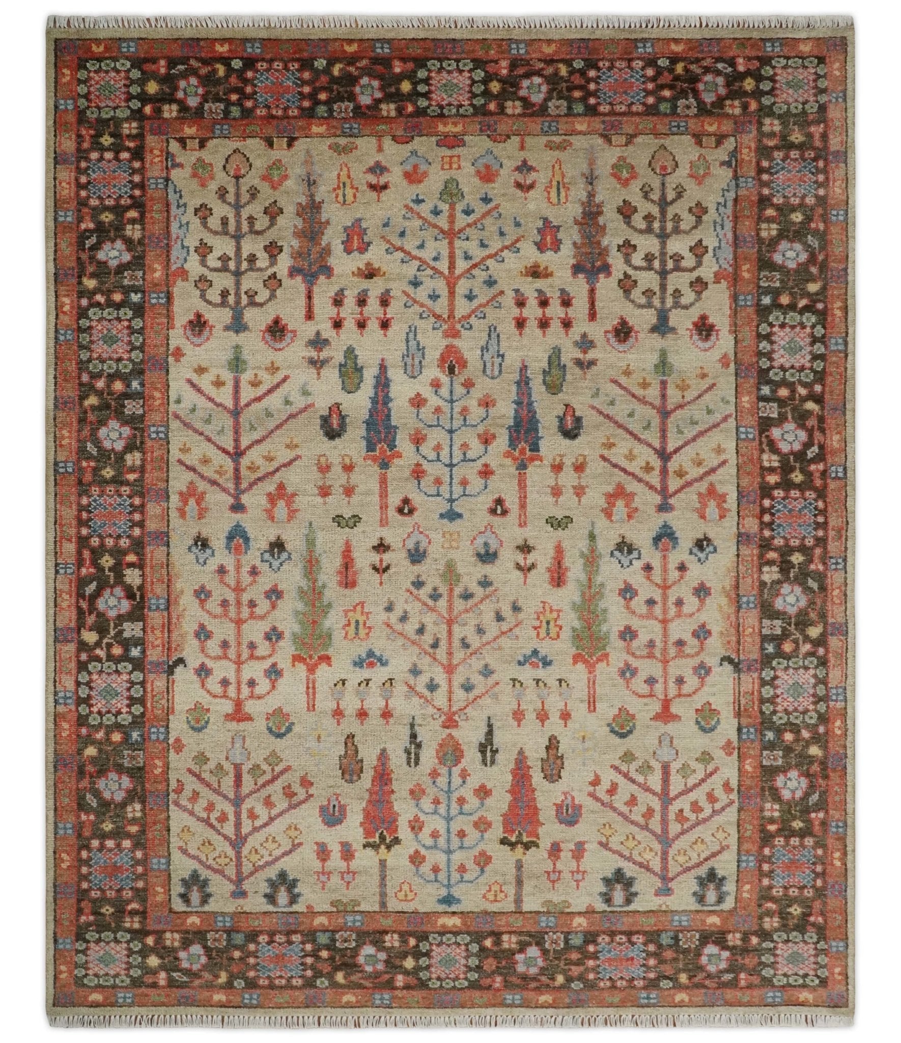 Beige, Brown and Rust Tree of Life Hand Knotted Traditional Multi Size Wool Rug