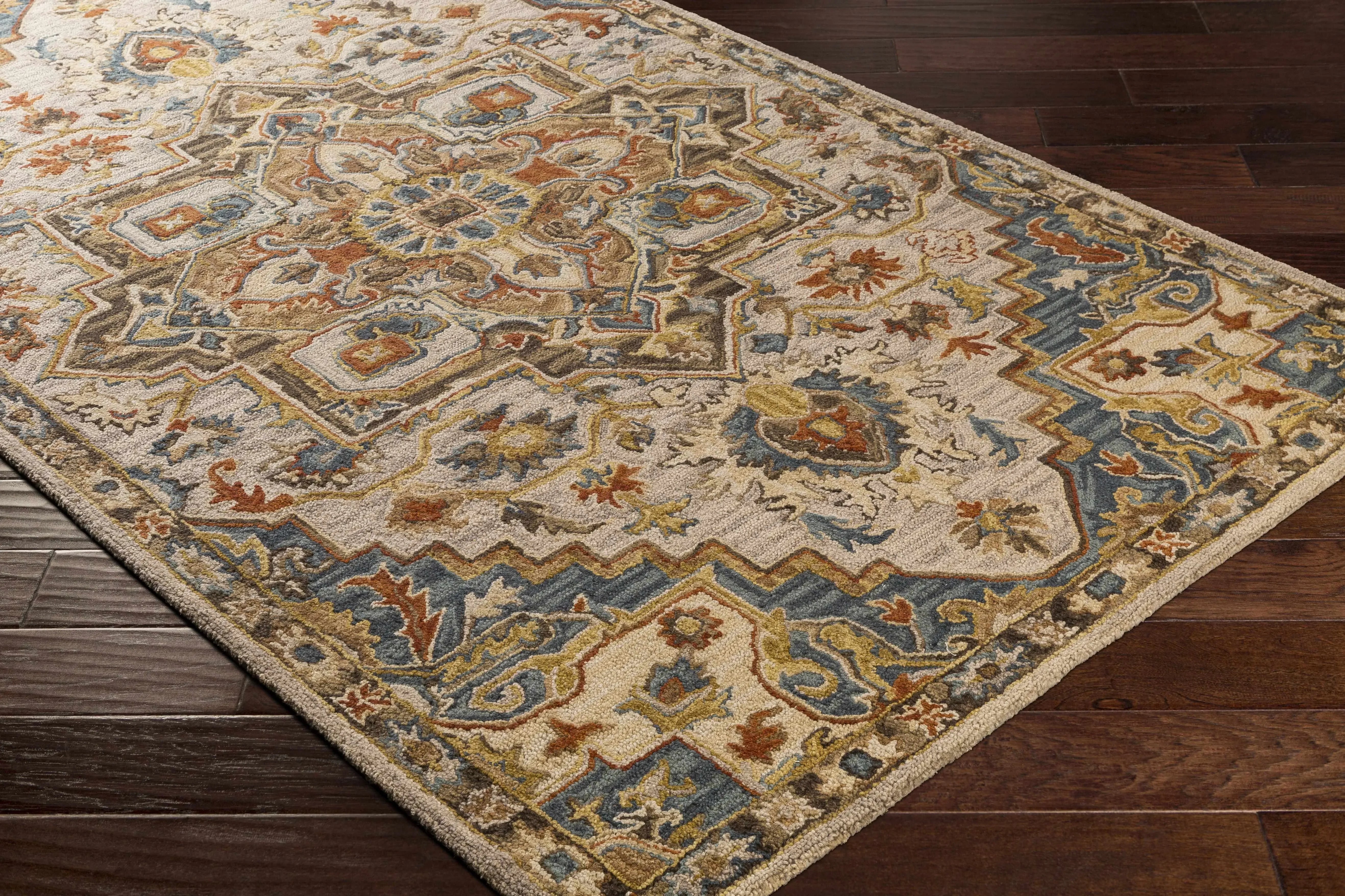 Birtley Wool Area Rug in Camel and Blue