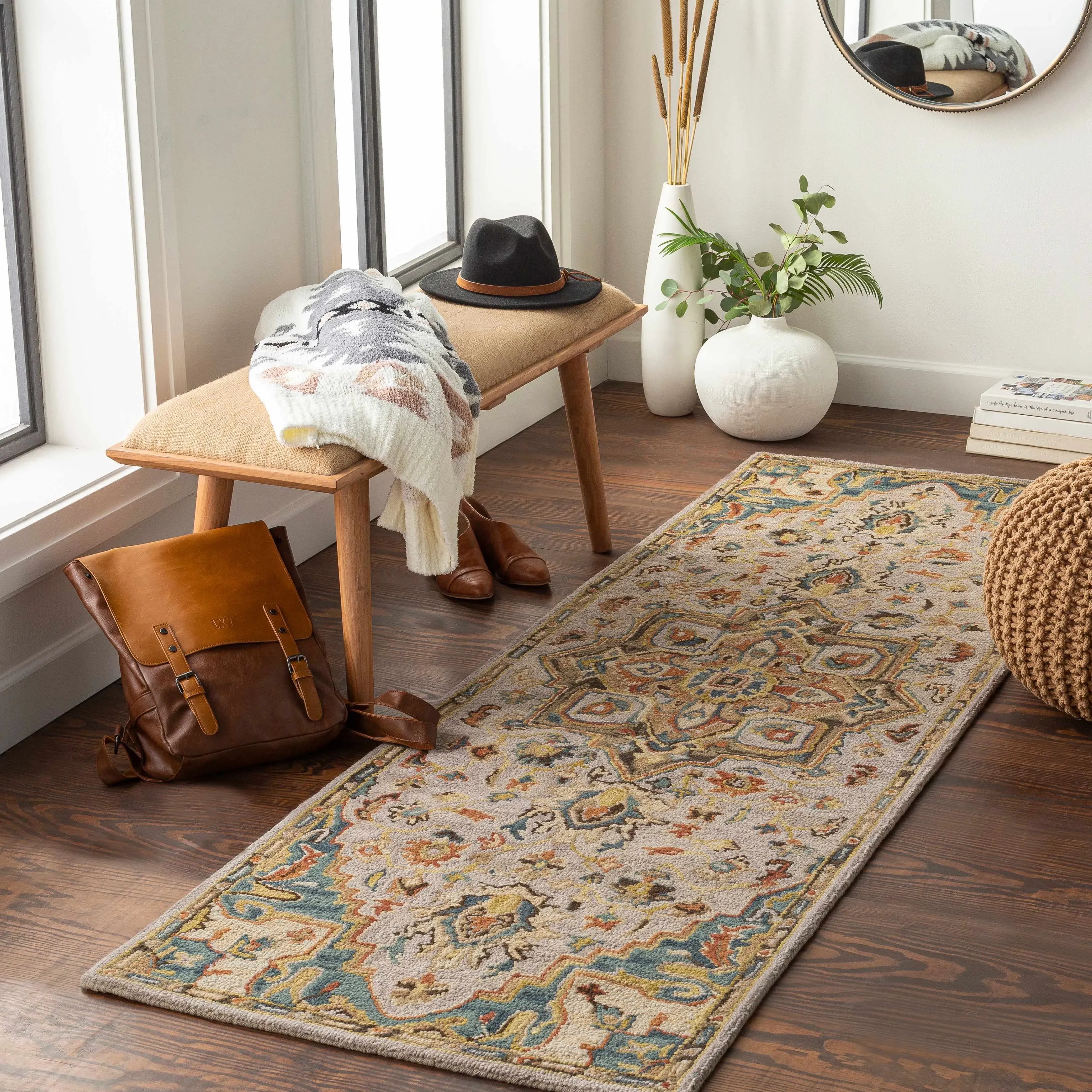 Birtley Wool Area Rug in Camel and Blue