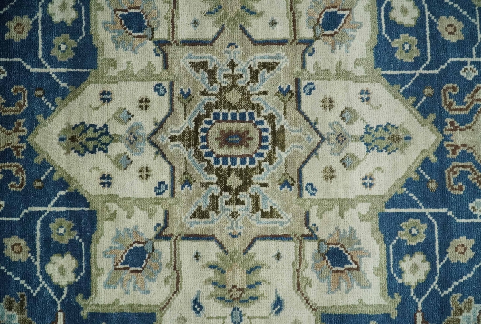 Blue and Ivory Hand Knotted Antique 5x8, 6x9, 8x10, 9x12, 10x14 and 12x15 Brown Traditional Heriz Serapi Wool Rug | TRDCP868 - The Rug Decor