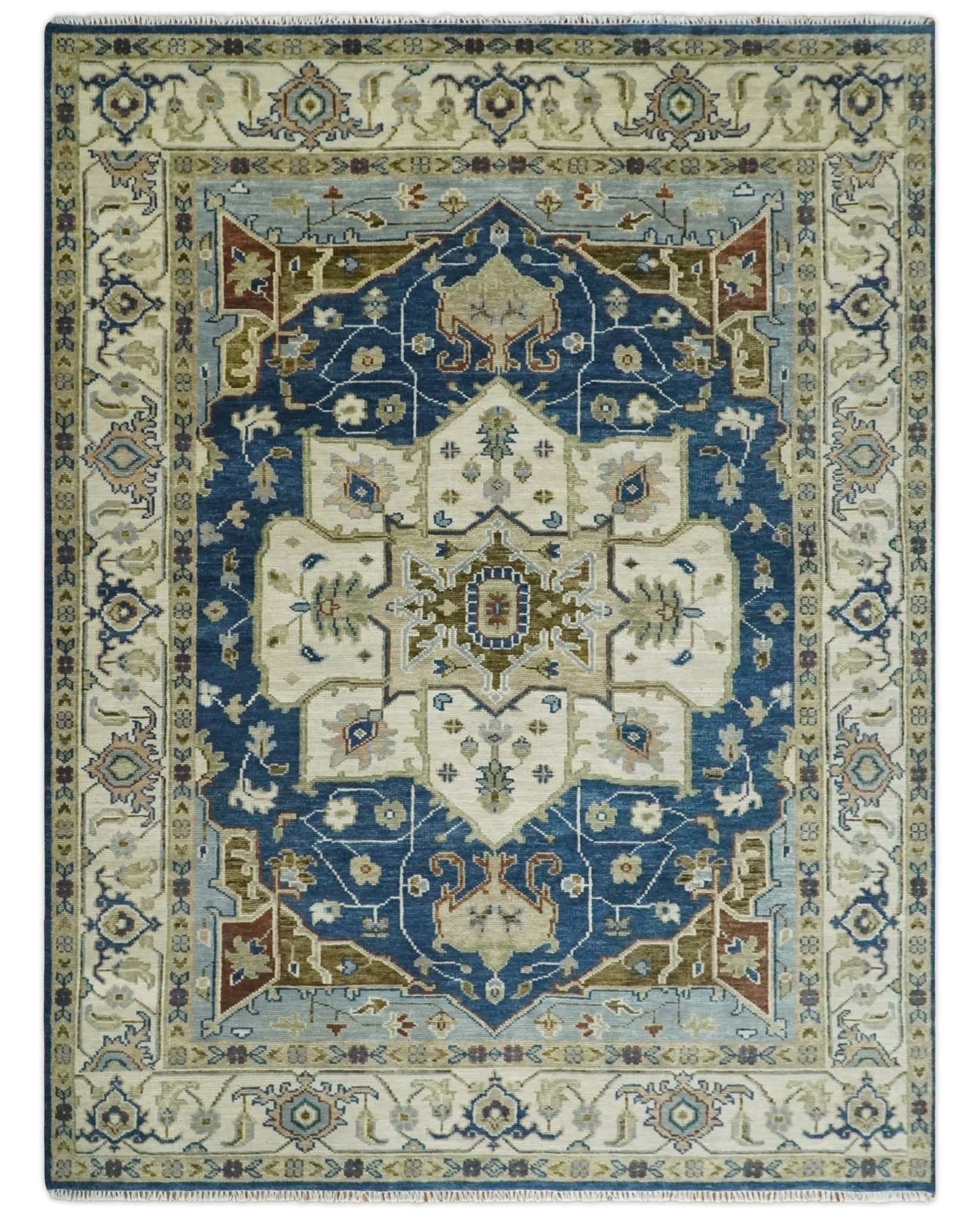 Blue and Ivory Hand Knotted Antique 5x8, 6x9, 8x10, 9x12, 10x14 and 12x15 Brown Traditional Heriz Serapi Wool Rug | TRDCP868 - The Rug Decor