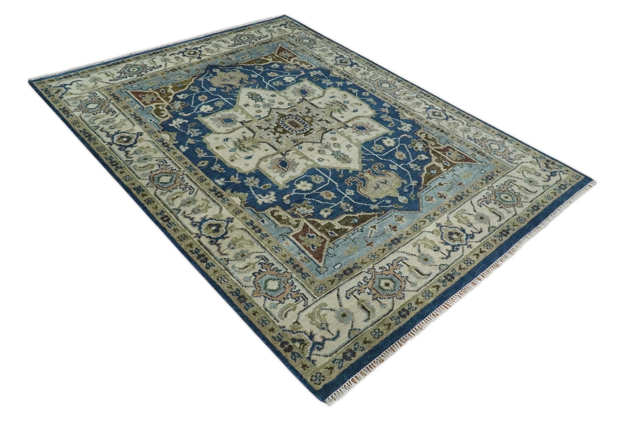 Blue and Ivory Hand Knotted Antique 5x8, 6x9, 8x10, 9x12, 10x14 and 12x15 Brown Traditional Heriz Serapi Wool Rug | TRDCP868 - The Rug Decor