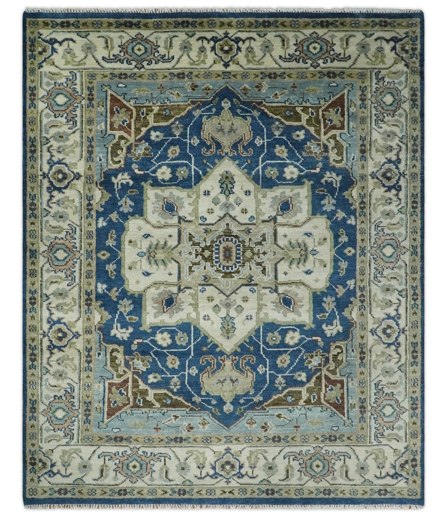 Blue and Ivory Hand Knotted Antique 5x8, 6x9, 8x10, 9x12, 10x14 and 12x15 Brown Traditional Heriz Serapi Wool Rug | TRDCP868 - The Rug Decor