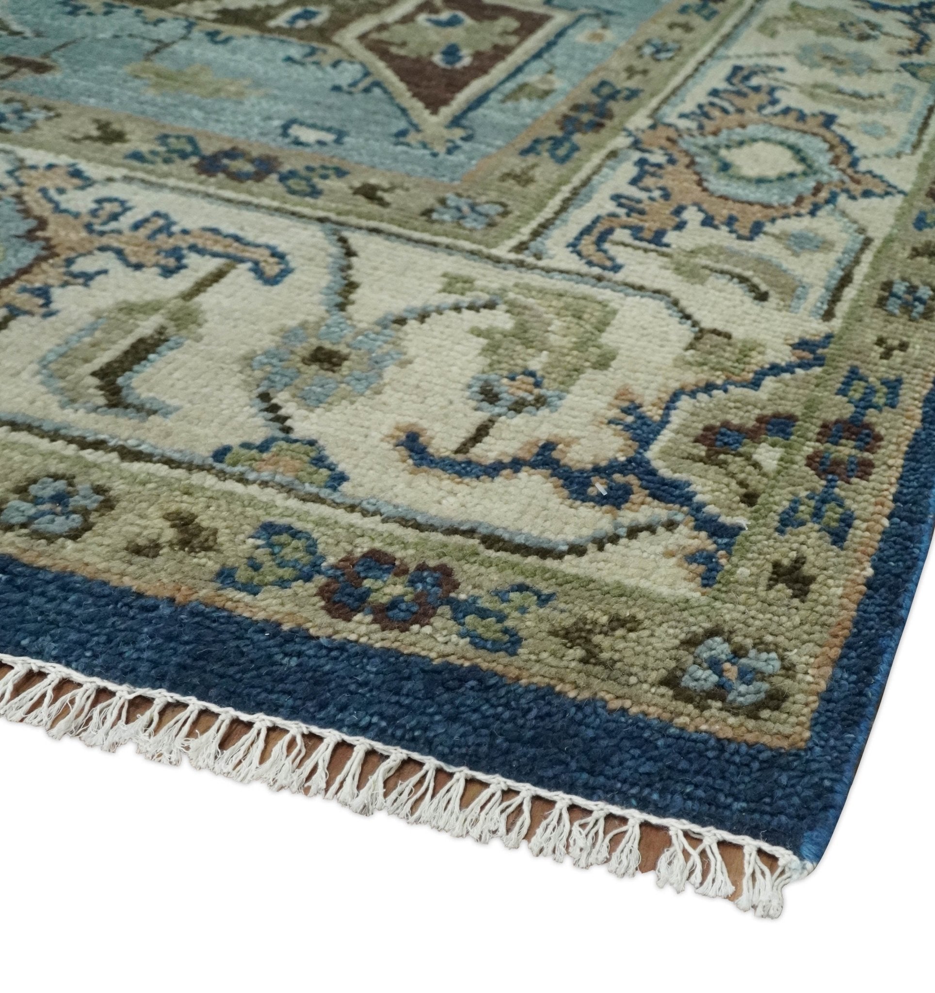 Blue and Ivory Hand Knotted Antique 5x8, 6x9, 8x10, 9x12, 10x14 and 12x15 Brown Traditional Heriz Serapi Wool Rug | TRDCP868 - The Rug Decor