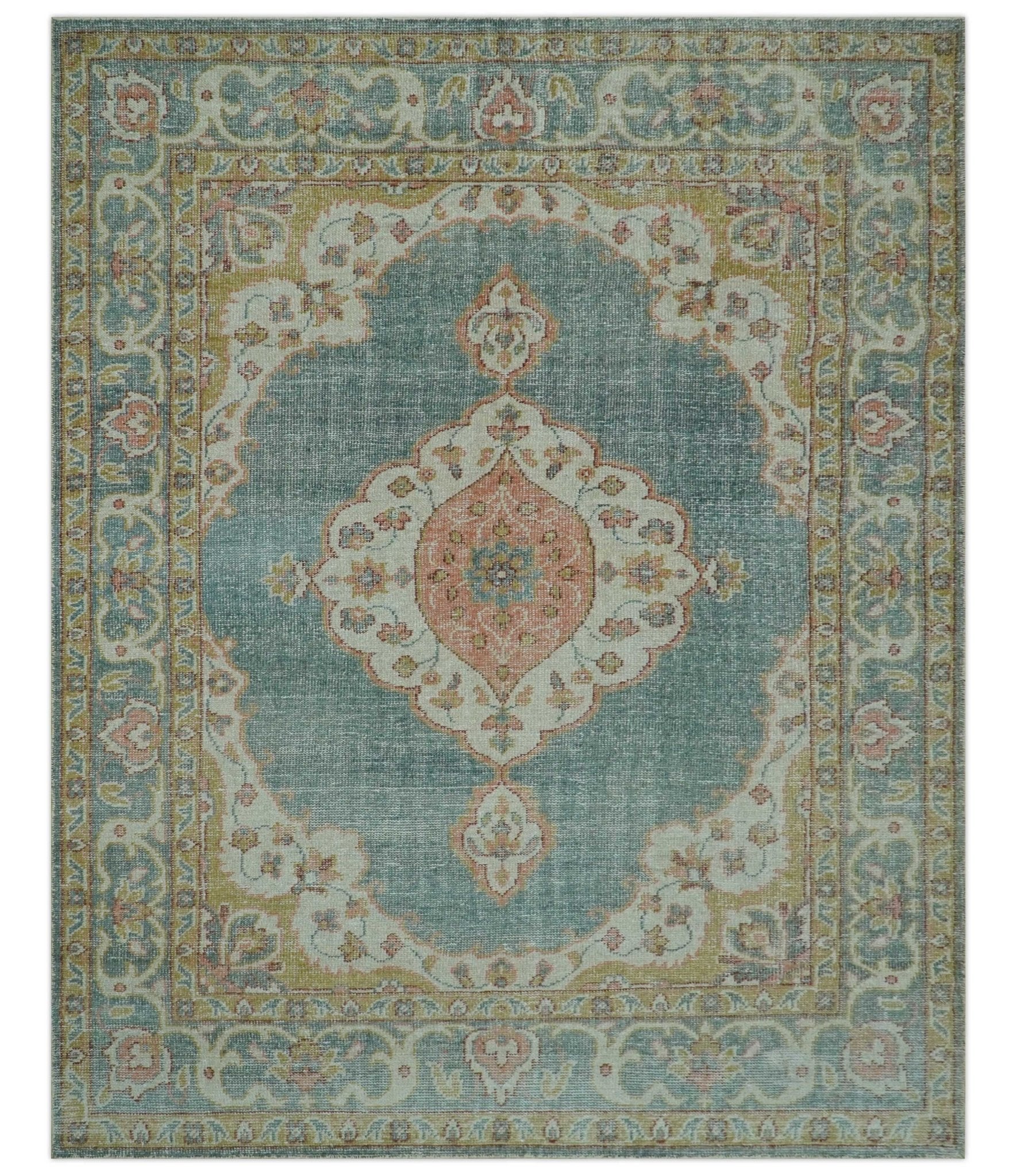 Blue And Peach Traditional Turkish Design Hand Knotted 8x10 Wool Area Rug