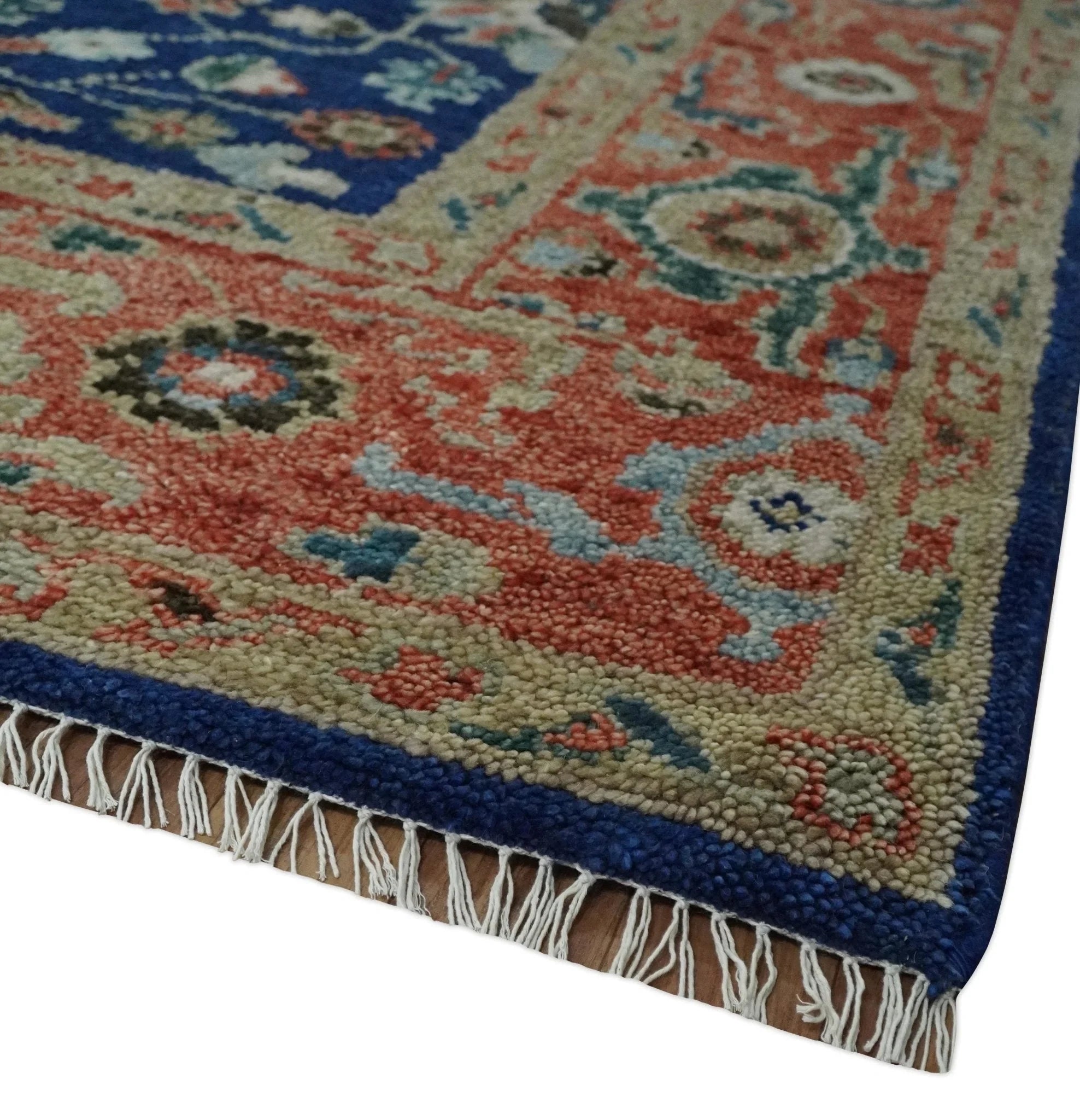 Blue and Rust Turkish Design Traditional Serapi Hand Knotted Wool Area Rug - The Rug Decor