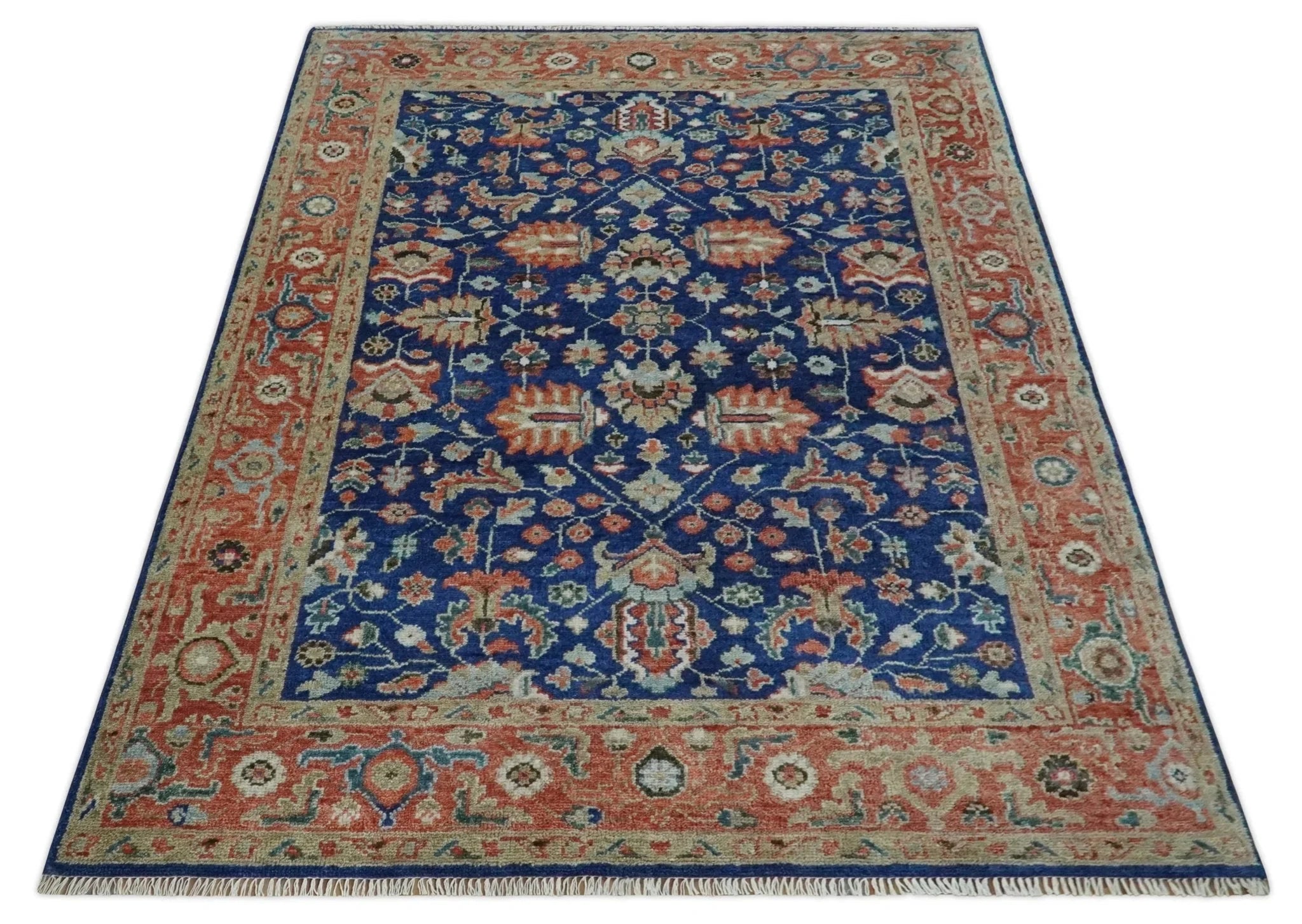 Blue and Rust Turkish Design Traditional Serapi Hand Knotted Wool Area Rug - The Rug Decor