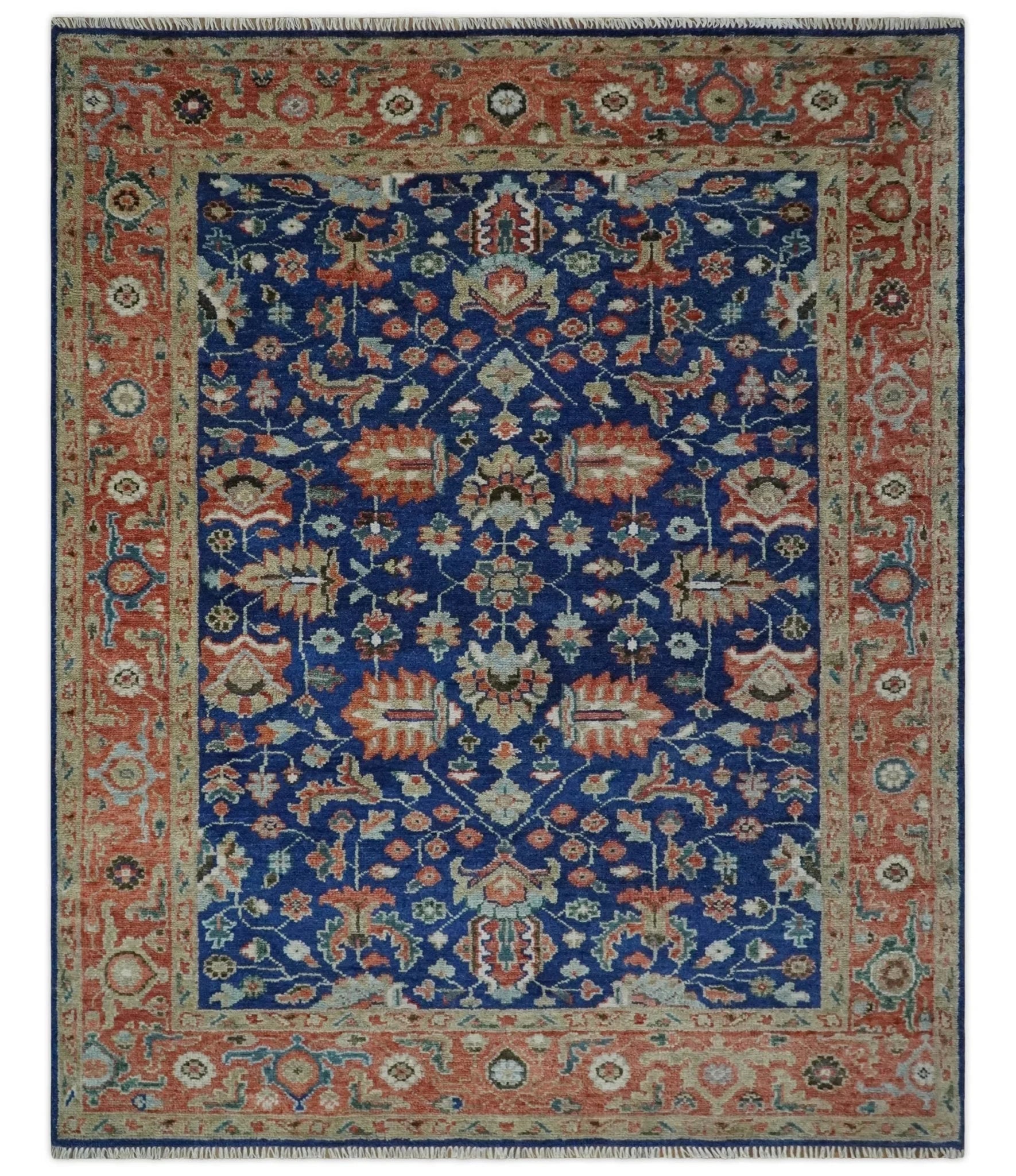 Blue and Rust Turkish Design Traditional Serapi Hand Knotted Wool Area Rug - The Rug Decor