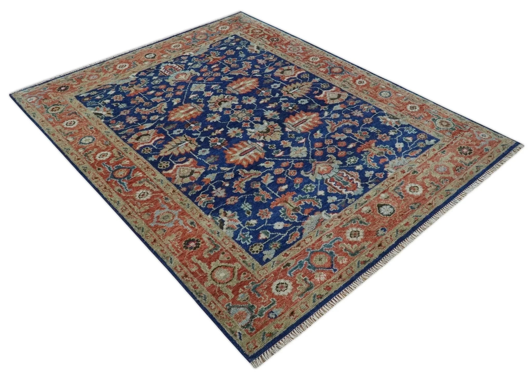 Blue and Rust Turkish Design Traditional Serapi Hand Knotted Wool Area Rug - The Rug Decor