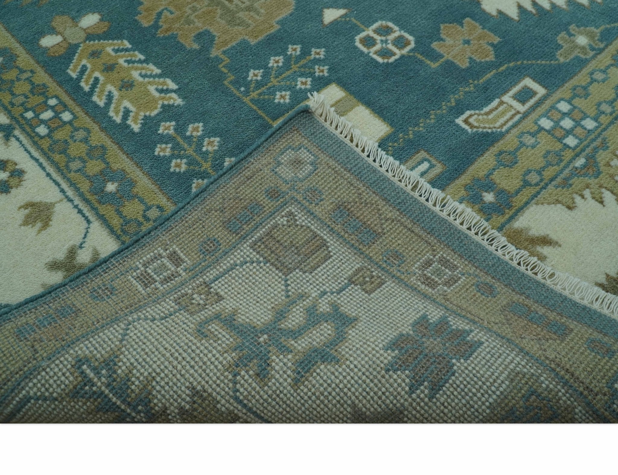 Blue, Beige And Green Traditional Hand Knotted Custom Made Wool rug